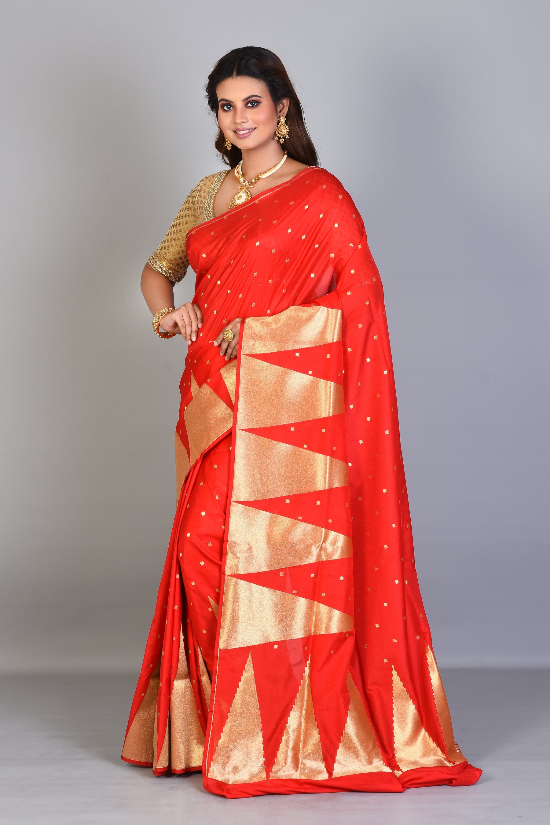 Red Blended Silk Saree with Temple Border - Keya Seth Exclusive