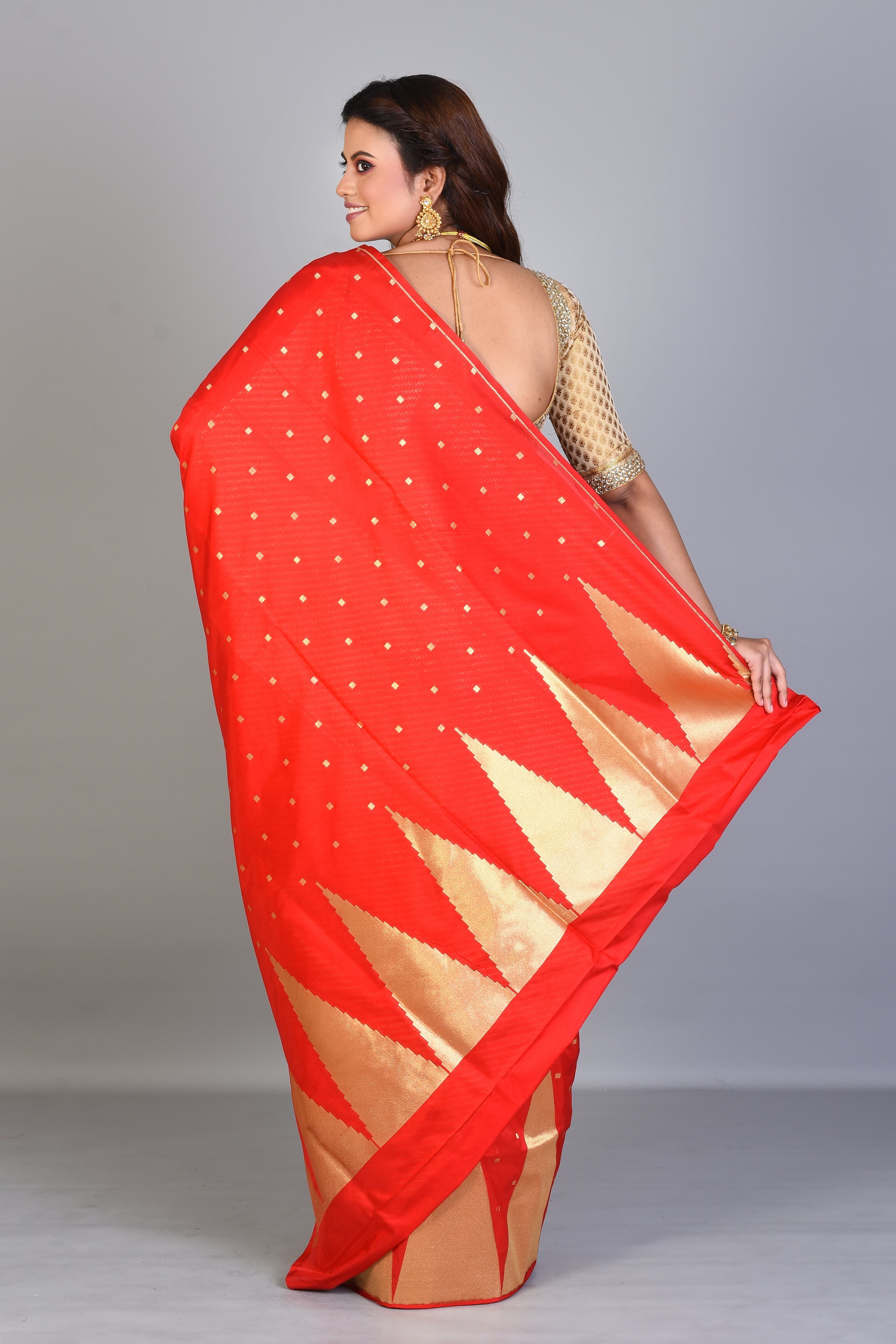 Red Blended Silk Saree with Temple Border - Keya Seth Exclusive