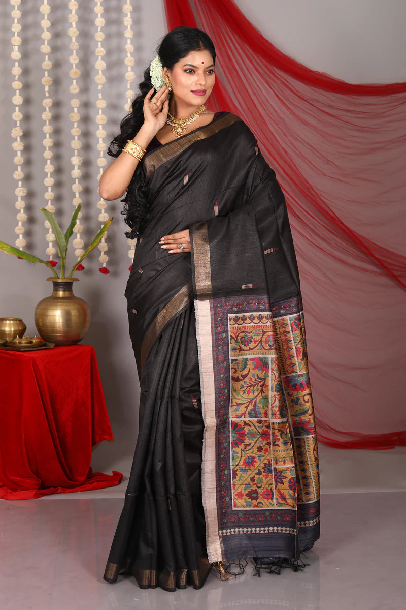 Dark Brown Pure Tussar Saree - Keya Seth Exclusive