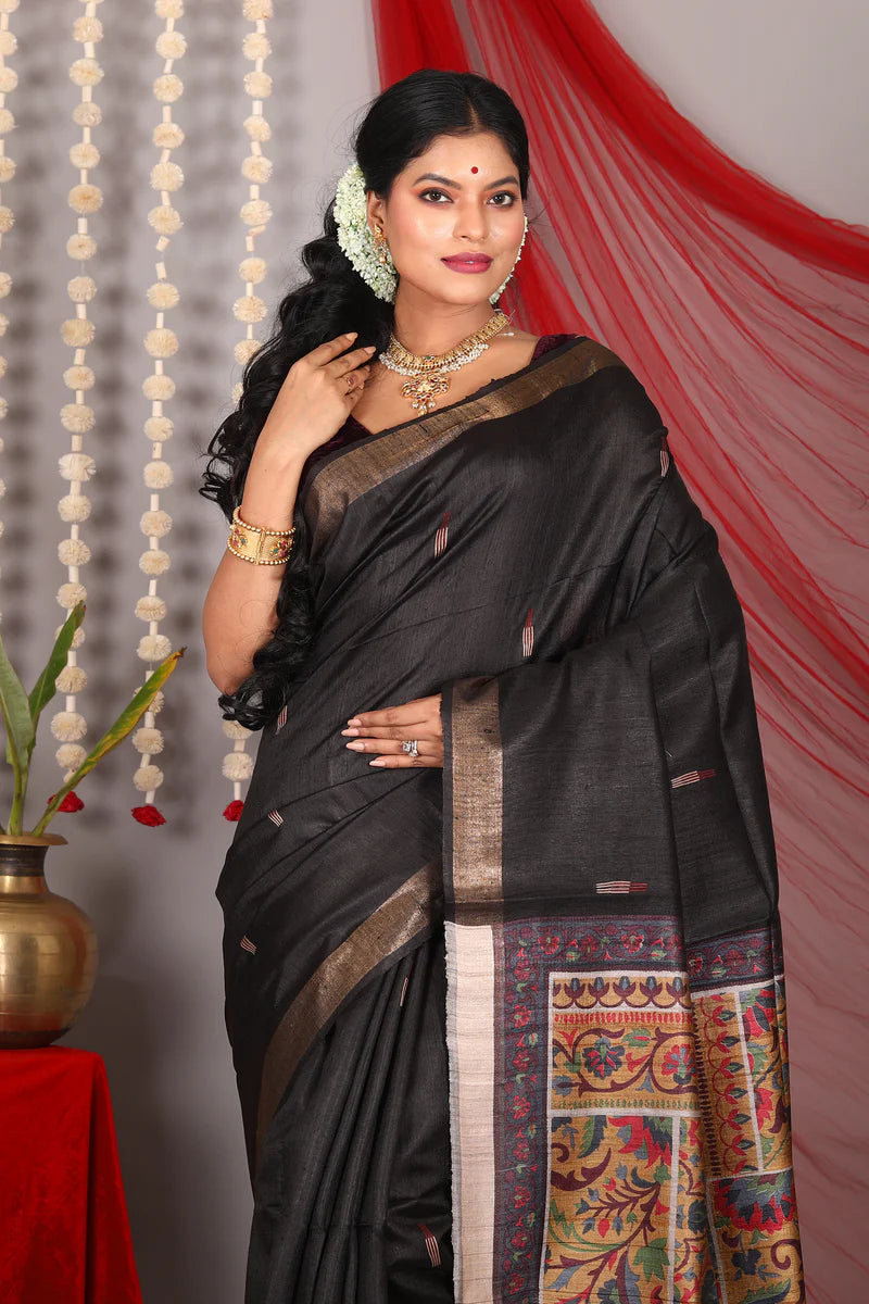 Dark Brown Pure Tussar Saree - Keya Seth Exclusive