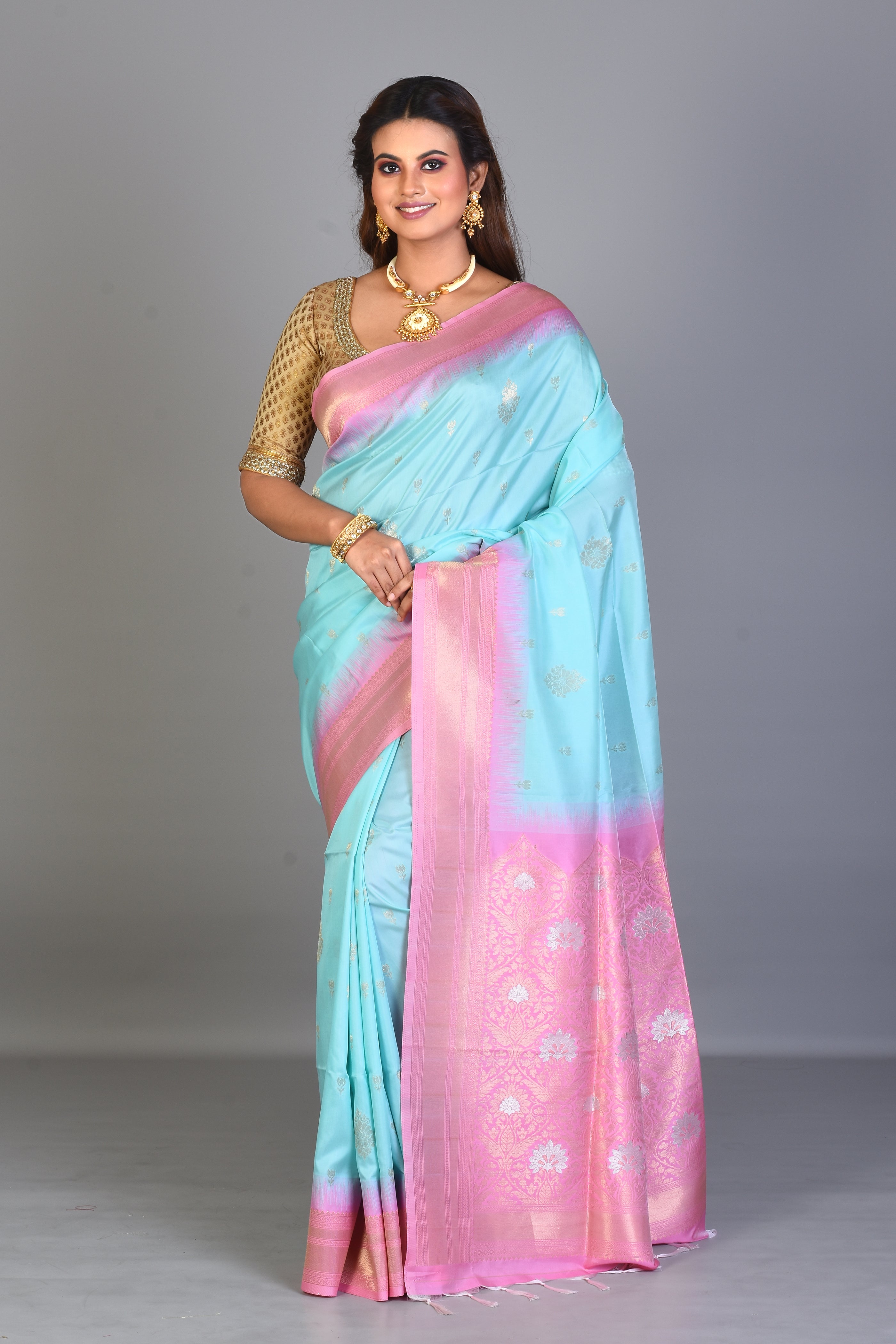 Sky Blue Blended Katan Saree with Pink Borders - Keya Seth Exclusive