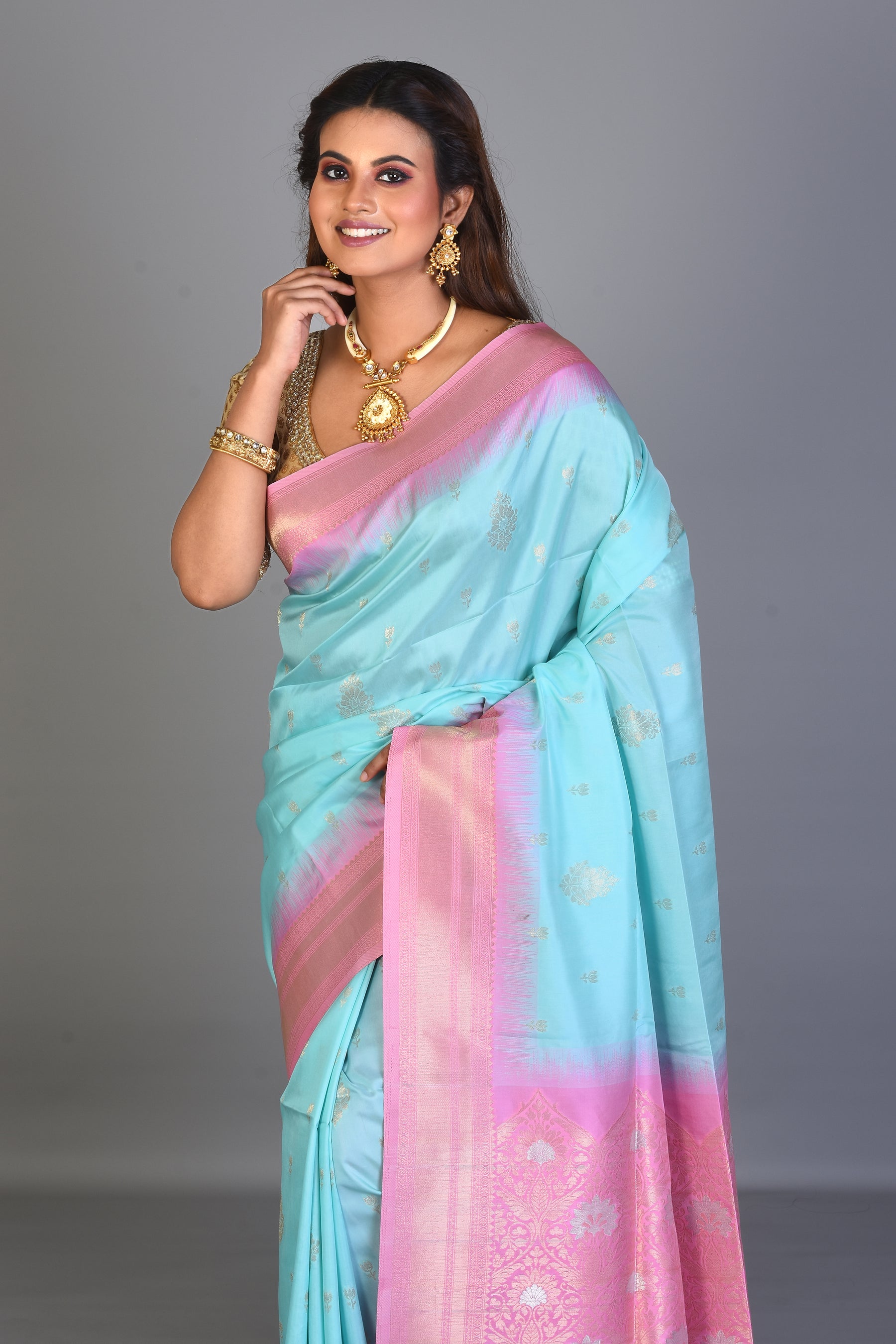 Sky Blue Blended Katan Saree with Pink Borders - Keya Seth Exclusive