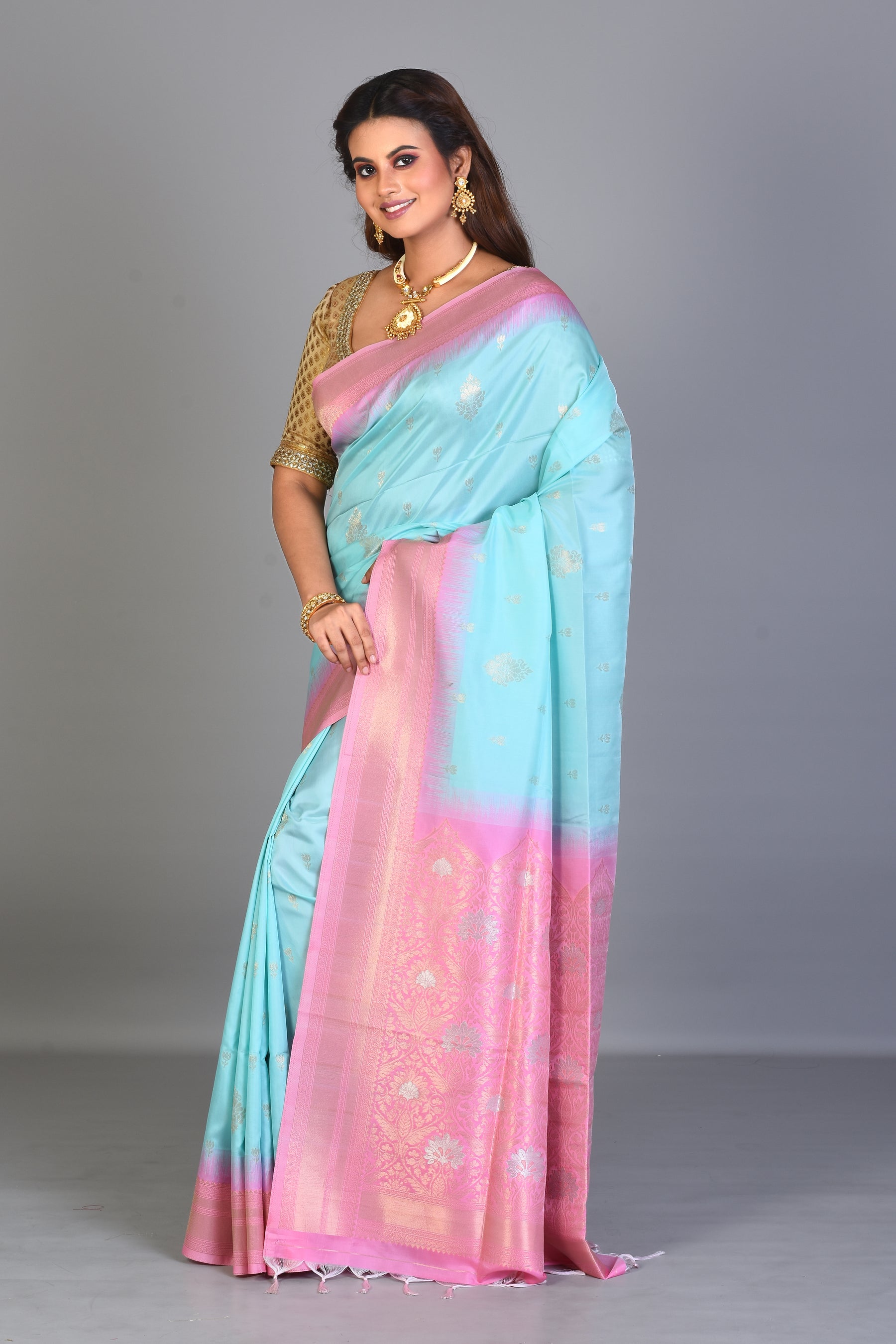 Sky Blue Blended Katan Saree with Pink Borders - Keya Seth Exclusive