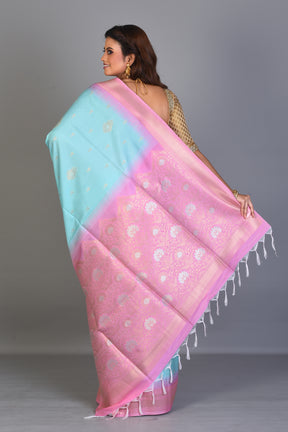 Sky Blue Blended Katan Saree with Pink Borders - Keya Seth Exclusive