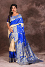 Load image into Gallery viewer, Offwhite Blue Katan Saree - Keya Seth Exclusive
