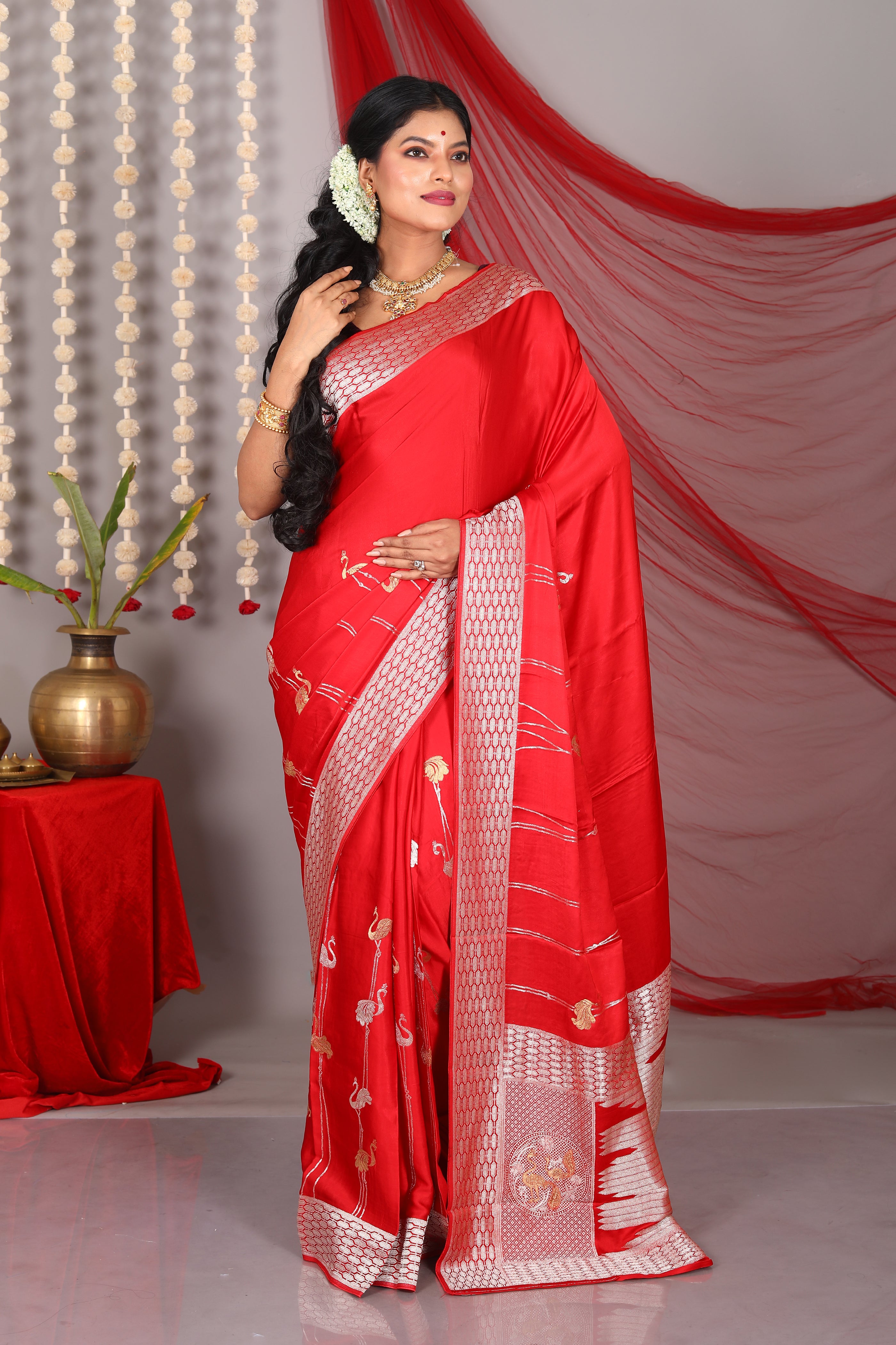 Designer Red Pure Satin Silk Saree - Keya Seth Exclusive
