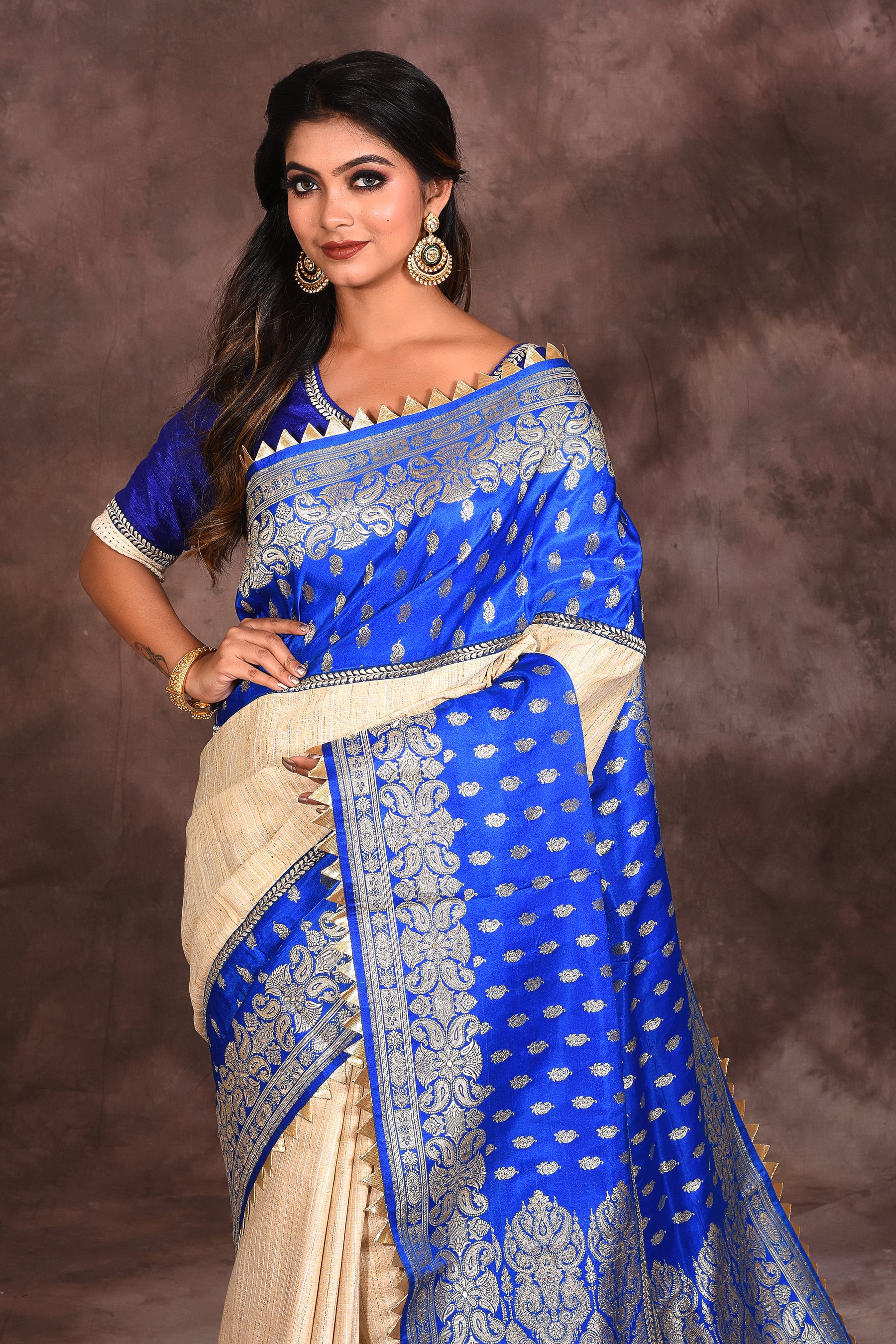 Offwhite Blue Katan Saree - Keya Seth Exclusive