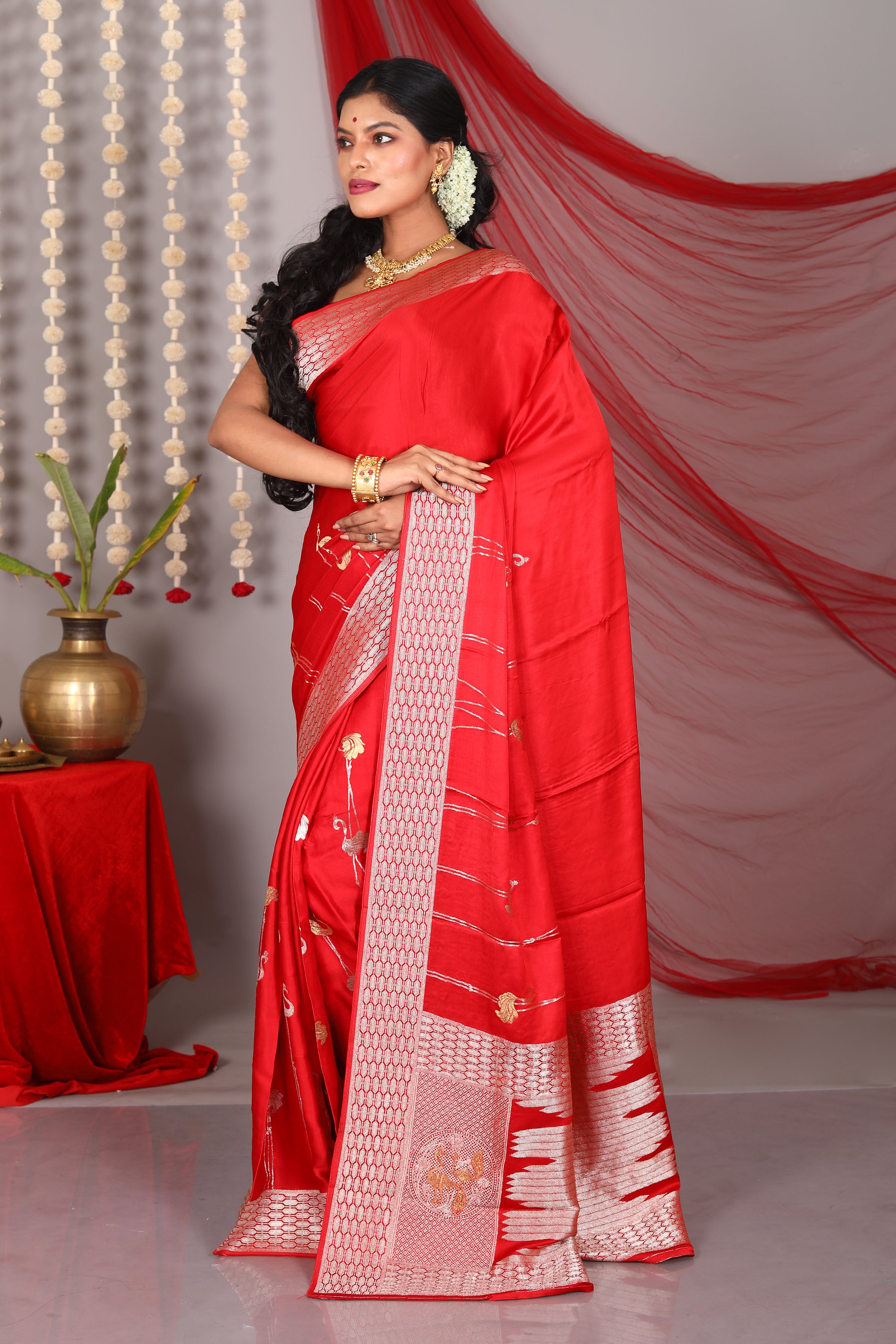 Designer Red Pure Satin Silk Saree - Keya Seth Exclusive