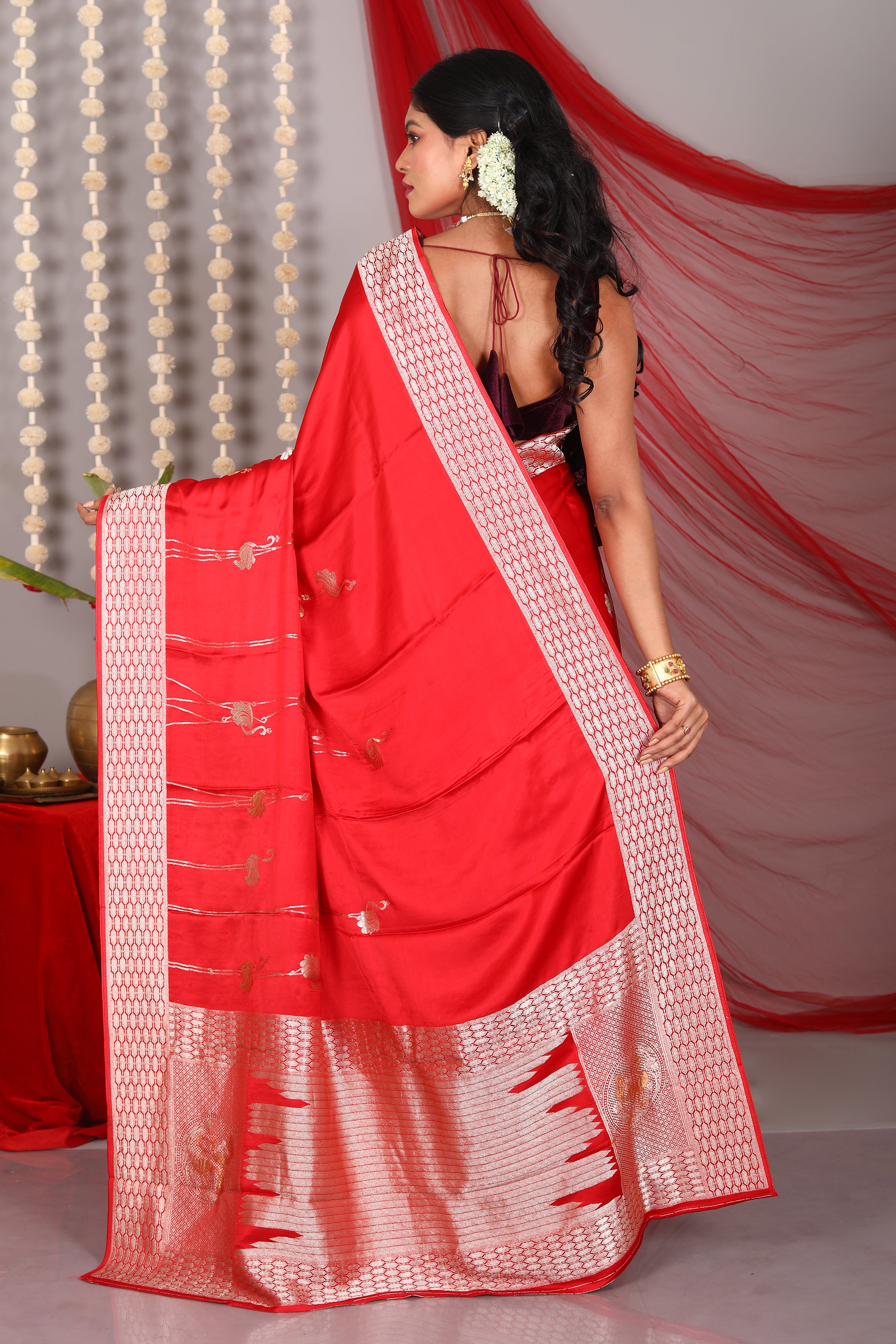 Designer Red Pure Satin Silk Saree - Keya Seth Exclusive