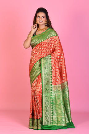 Red Blended Katan Silk Saree with Green Borders - Keya Seth Exclusive