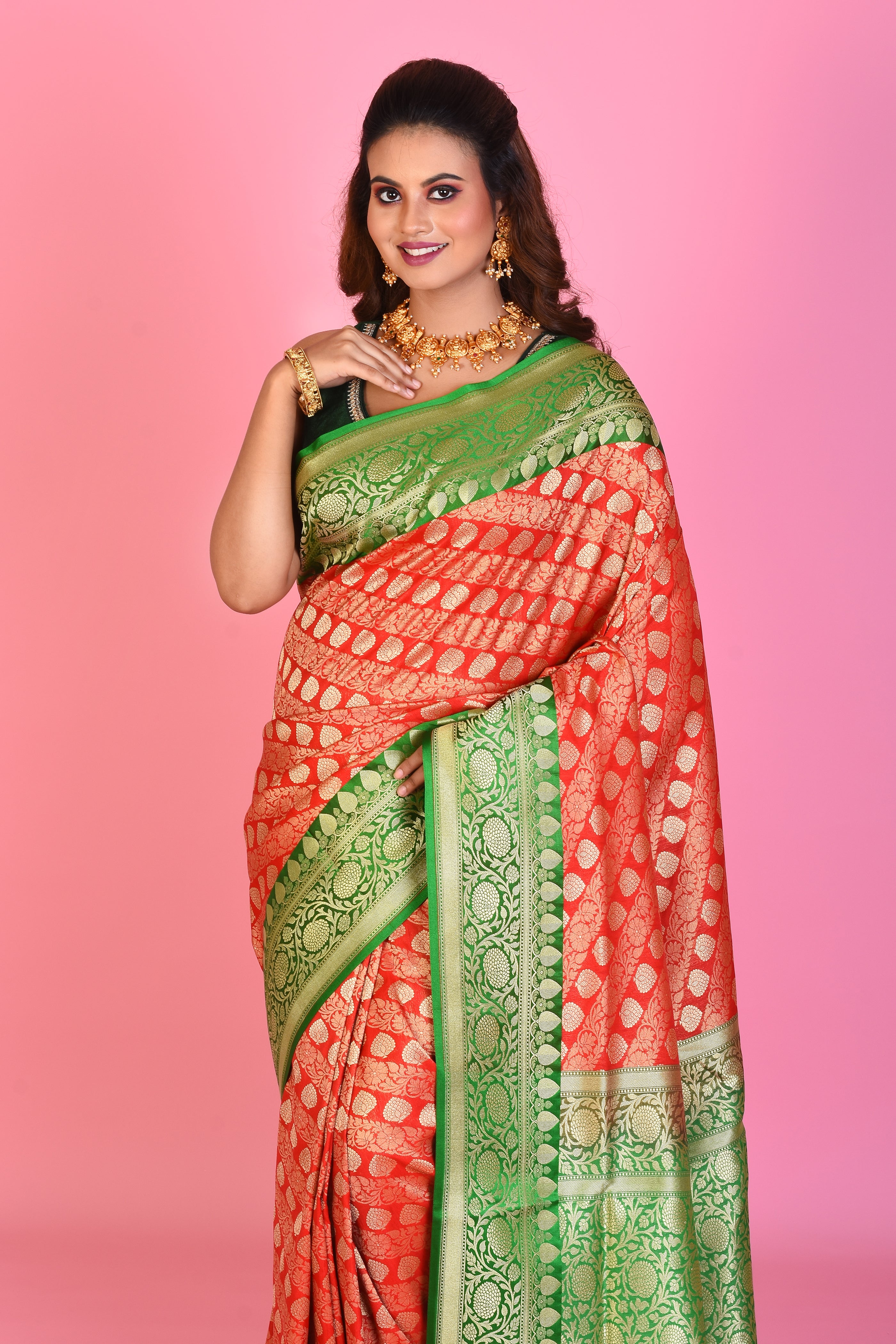 Red Blended Katan Silk Saree with Green Borders - Keya Seth Exclusive