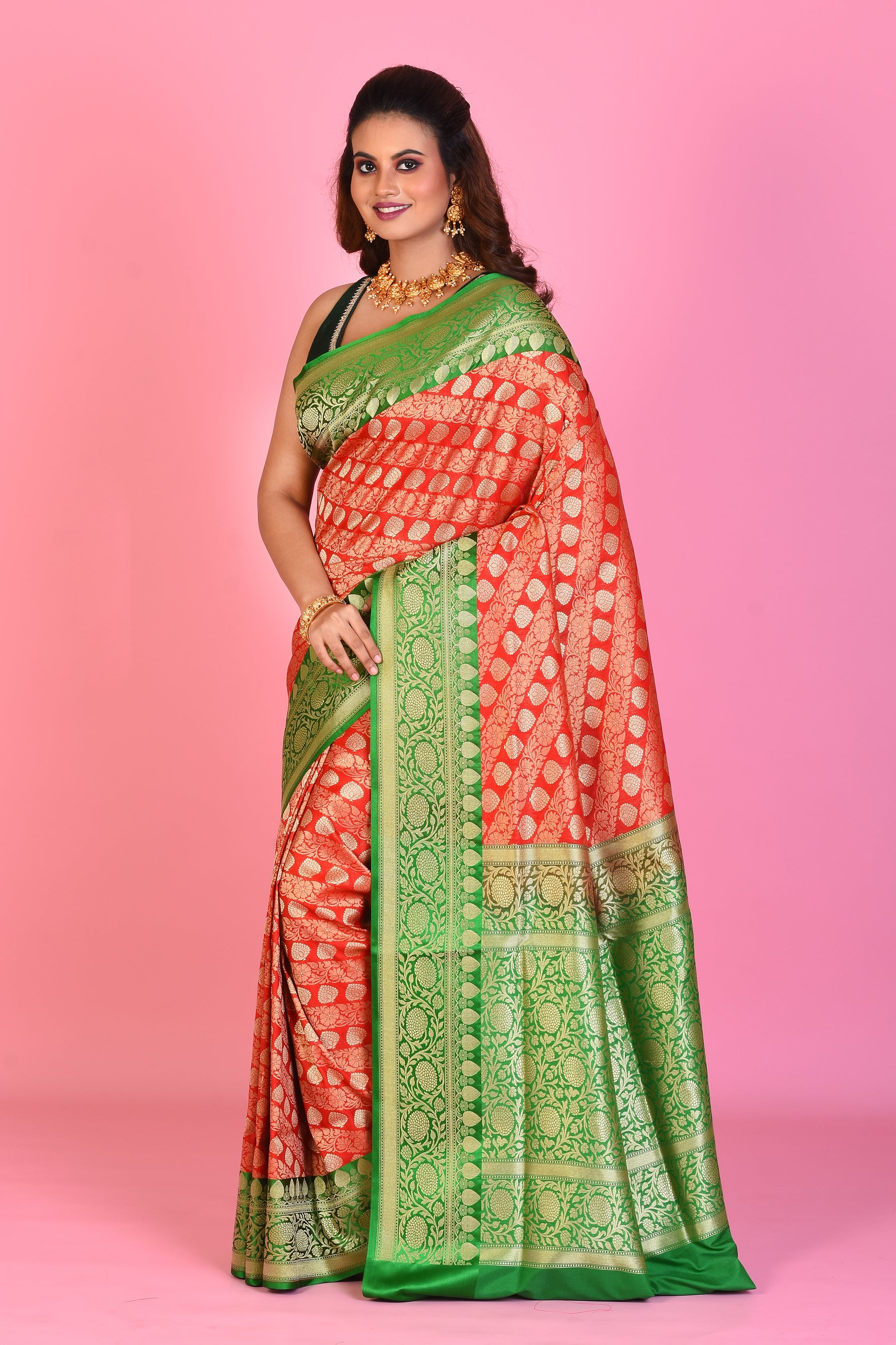 Red Blended Katan Silk Saree with Green Borders - Keya Seth Exclusive