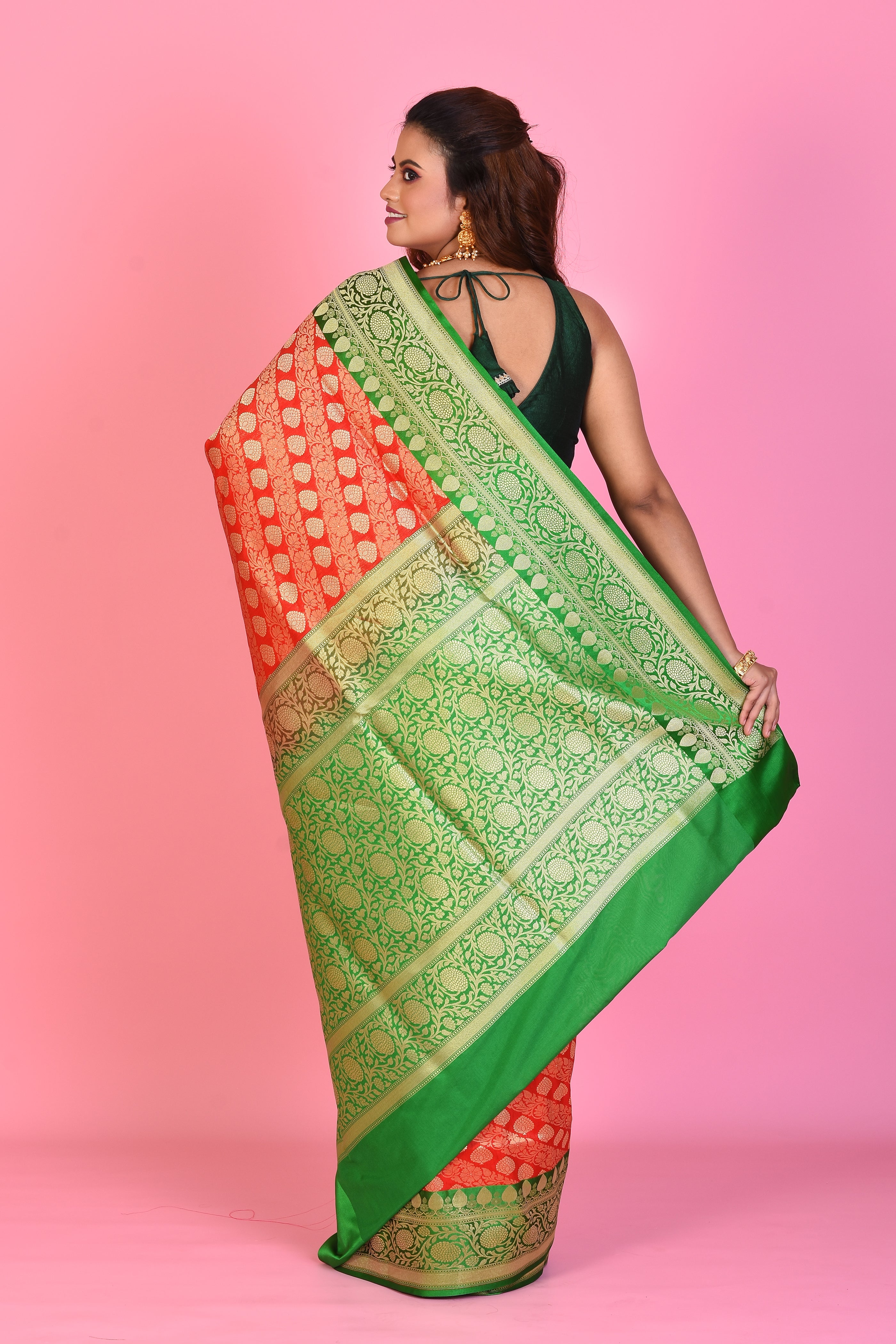 Red Blended Katan Silk Saree with Green Borders - Keya Seth Exclusive