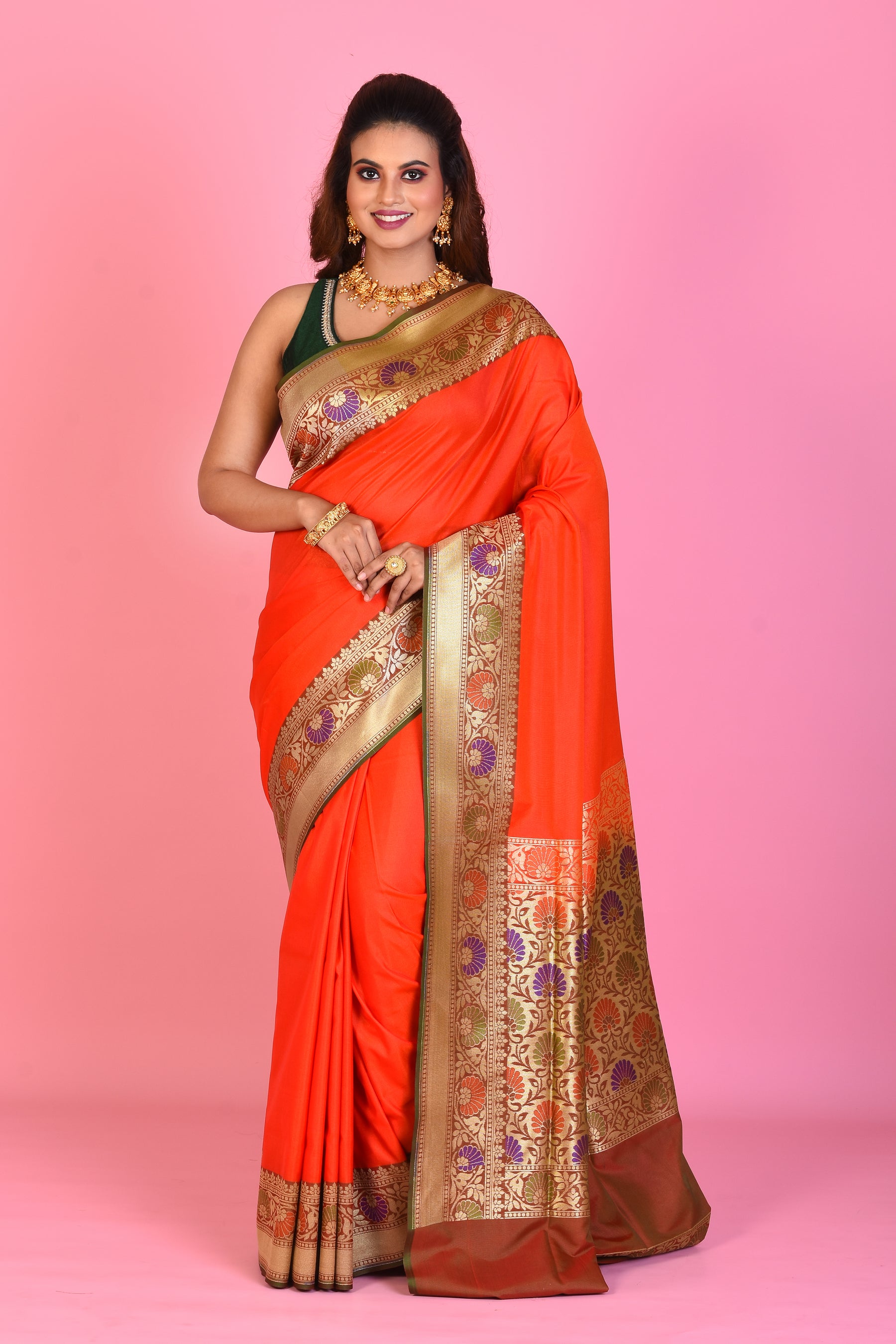 Orange Blended Katan Silk Saree with Brown Borders - Keya Seth Exclusive