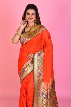 Orange Blended Katan Silk Saree with Brown Borders - Keya Seth Exclusive