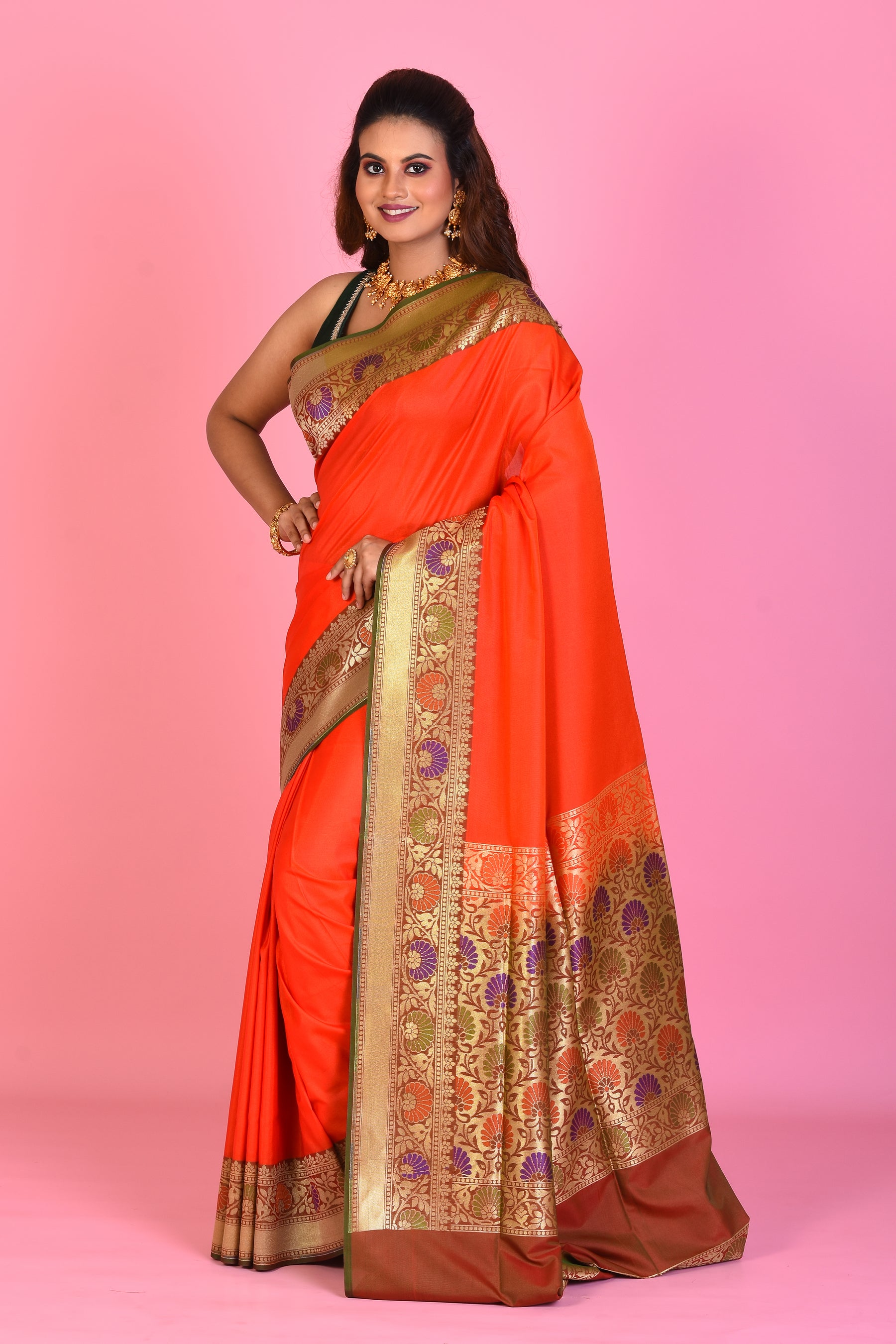 Orange Blended Katan Silk Saree with Brown Borders - Keya Seth Exclusive