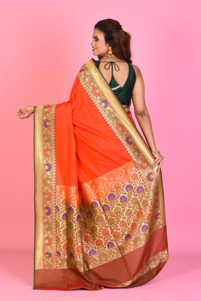 Orange Blended Katan Silk Saree with Brown Borders - Keya Seth Exclusive