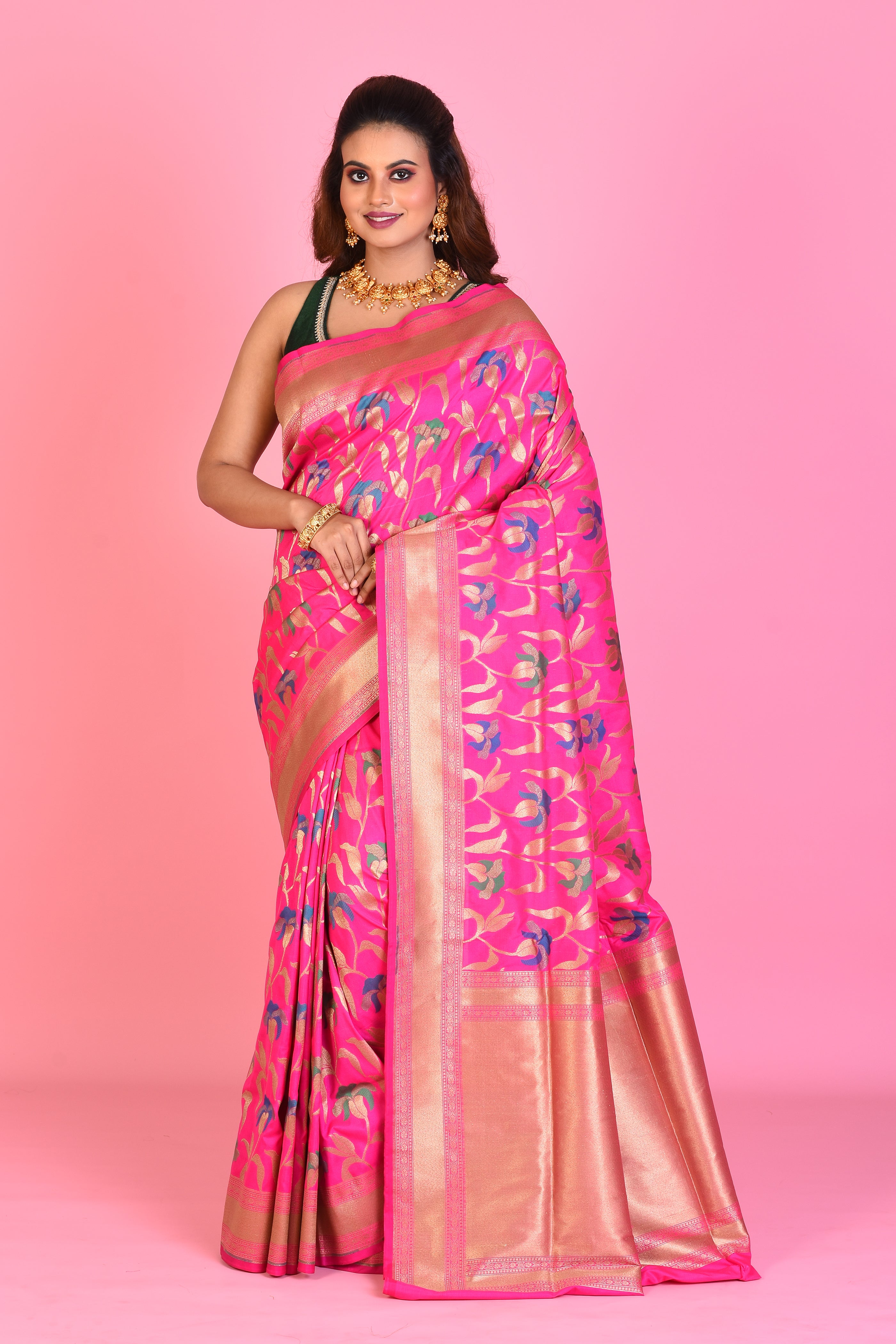 Pink Blended Katan Silk Saree with Meenakari Works - Keya Seth Exclusive