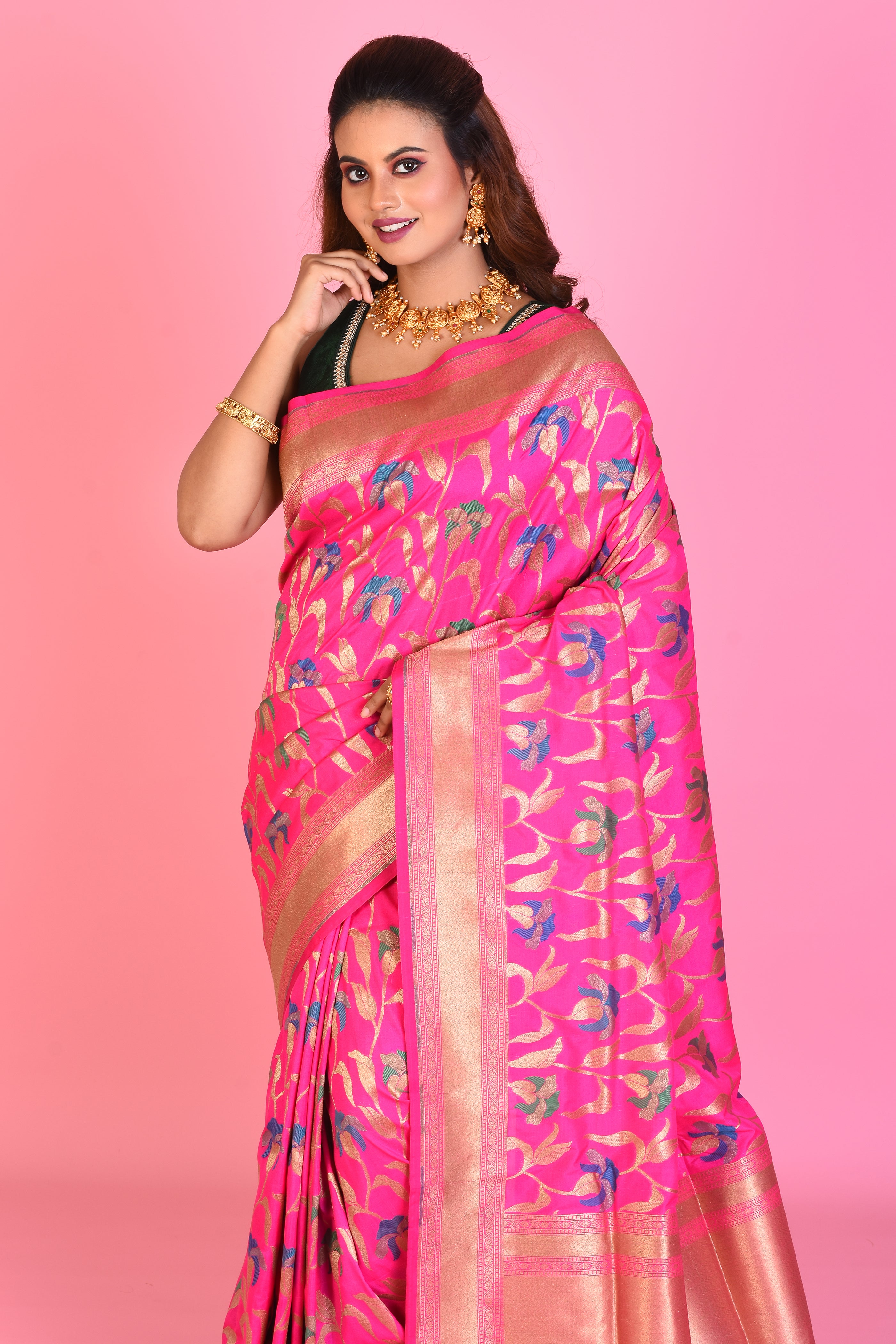 Pink Blended Katan Silk Saree with Meenakari Works - Keya Seth Exclusive