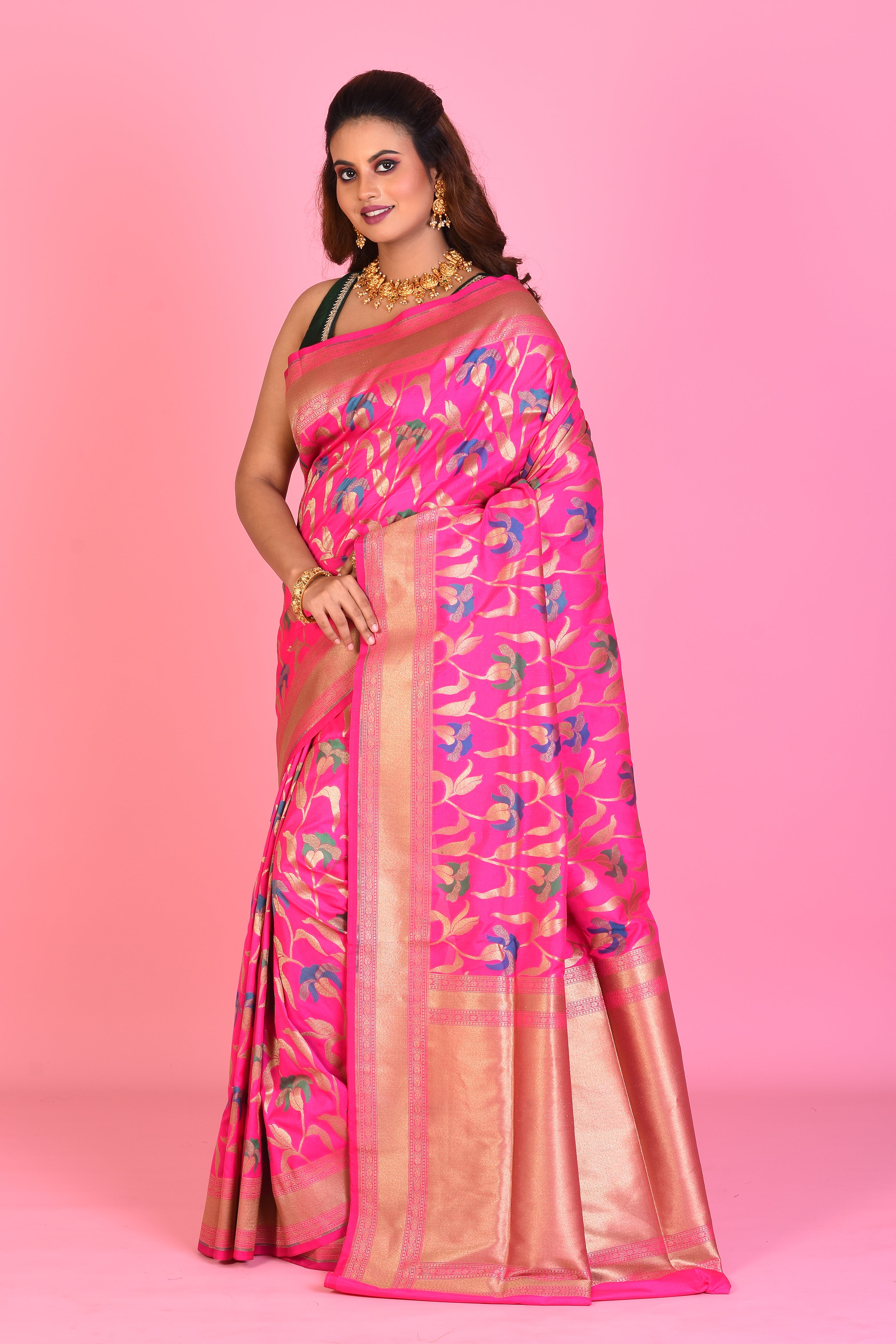 Pink Blended Katan Silk Saree with Meenakari Works - Keya Seth Exclusive