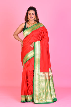 Red Blended Katan Silk Saree with Green Borders - Keya Seth Exclusive