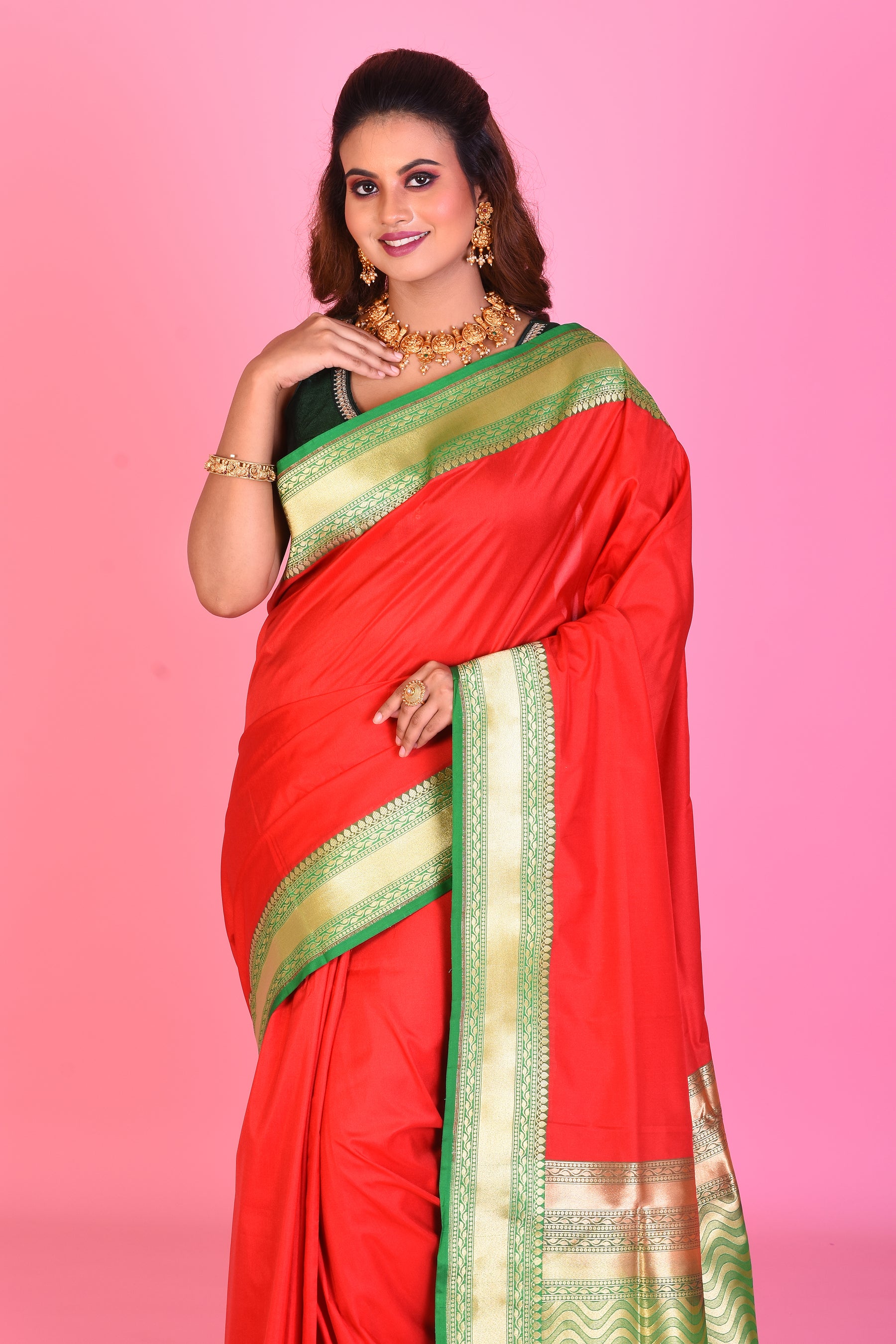 Red Blended Katan Silk Saree with Green Borders - Keya Seth Exclusive