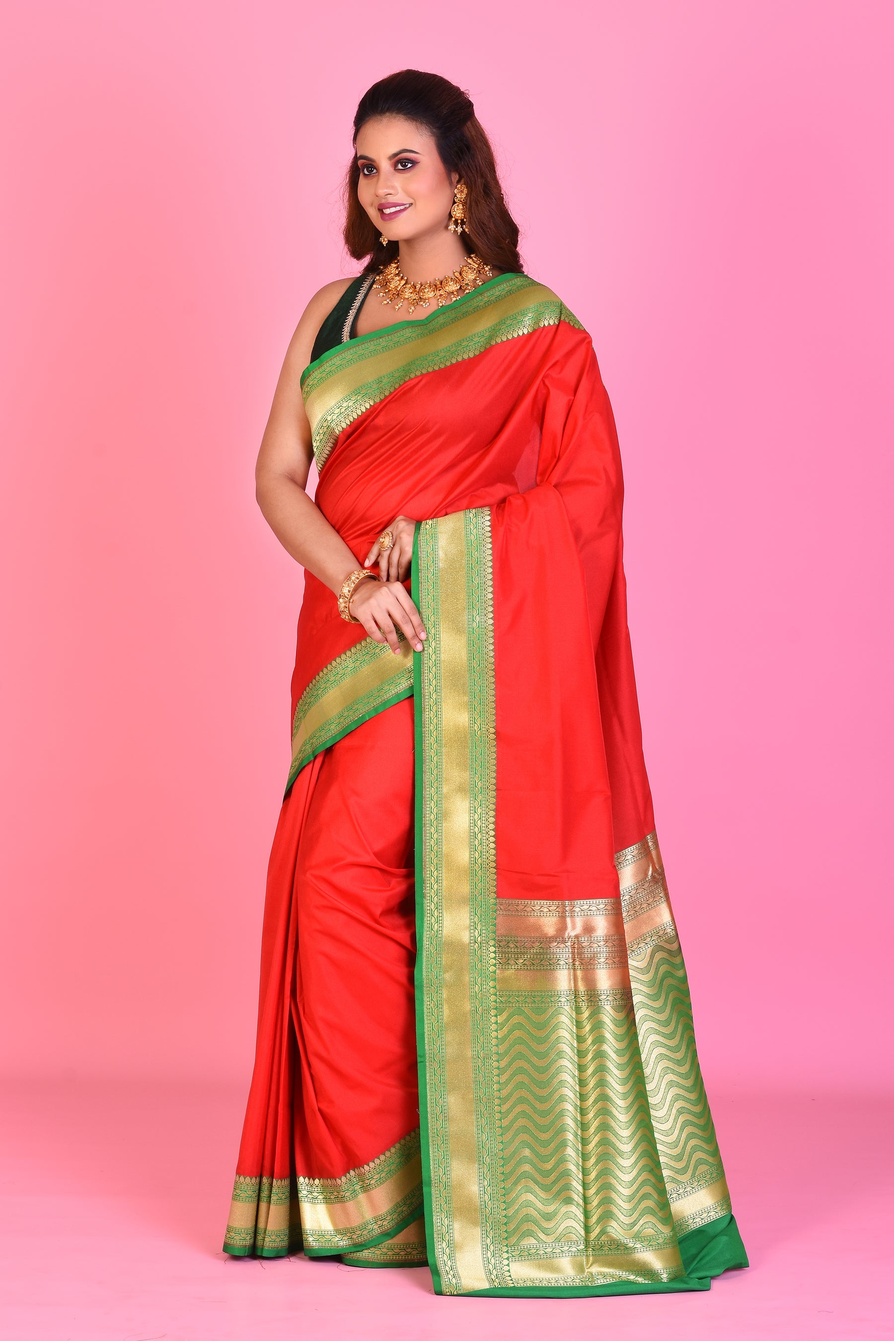 Red Blended Katan Silk Saree with Green Borders - Keya Seth Exclusive