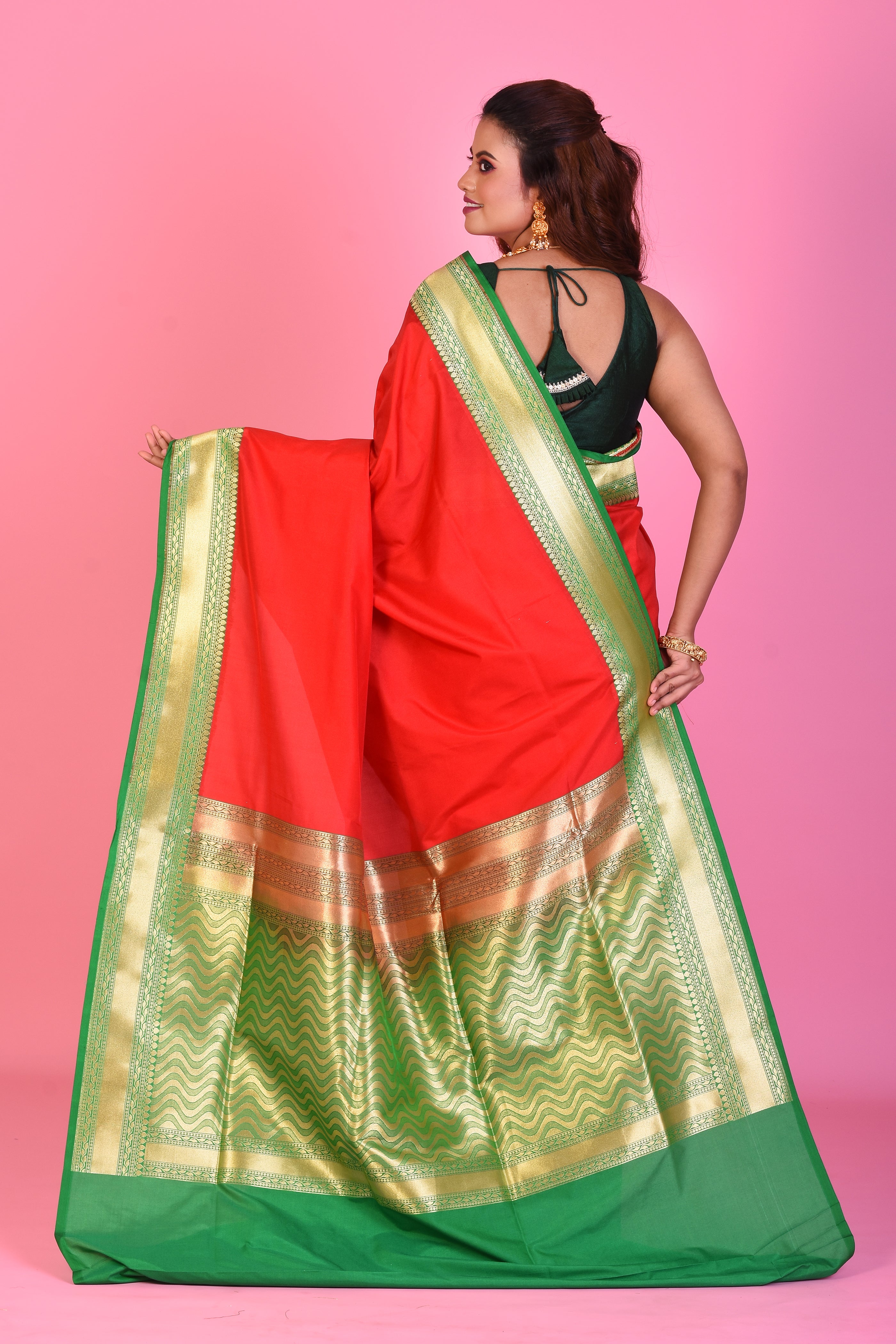 Red Blended Katan Silk Saree with Green Borders - Keya Seth Exclusive