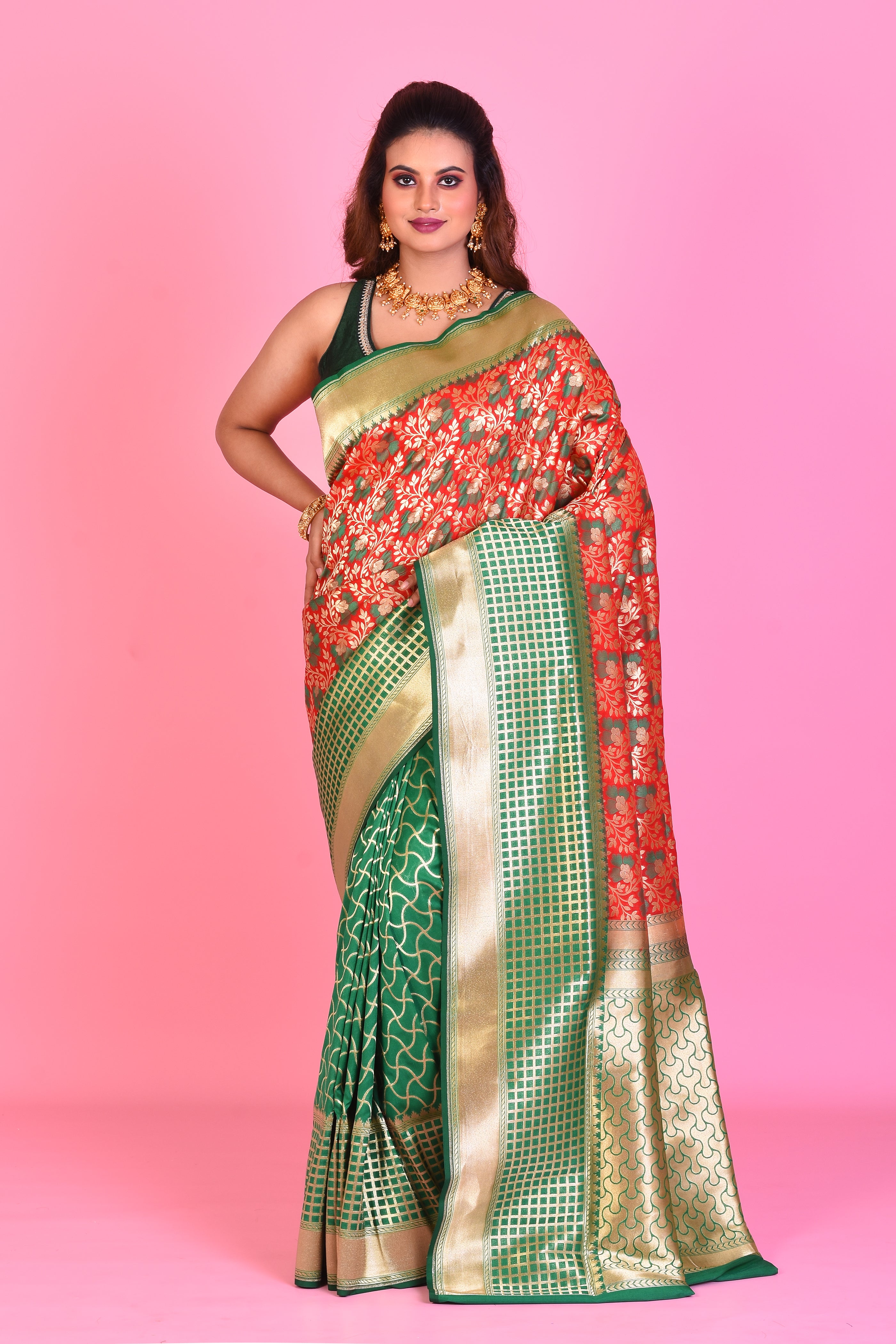 Red & Green Half & Half Blended Katan Silk Saree - Keya Seth Exclusive