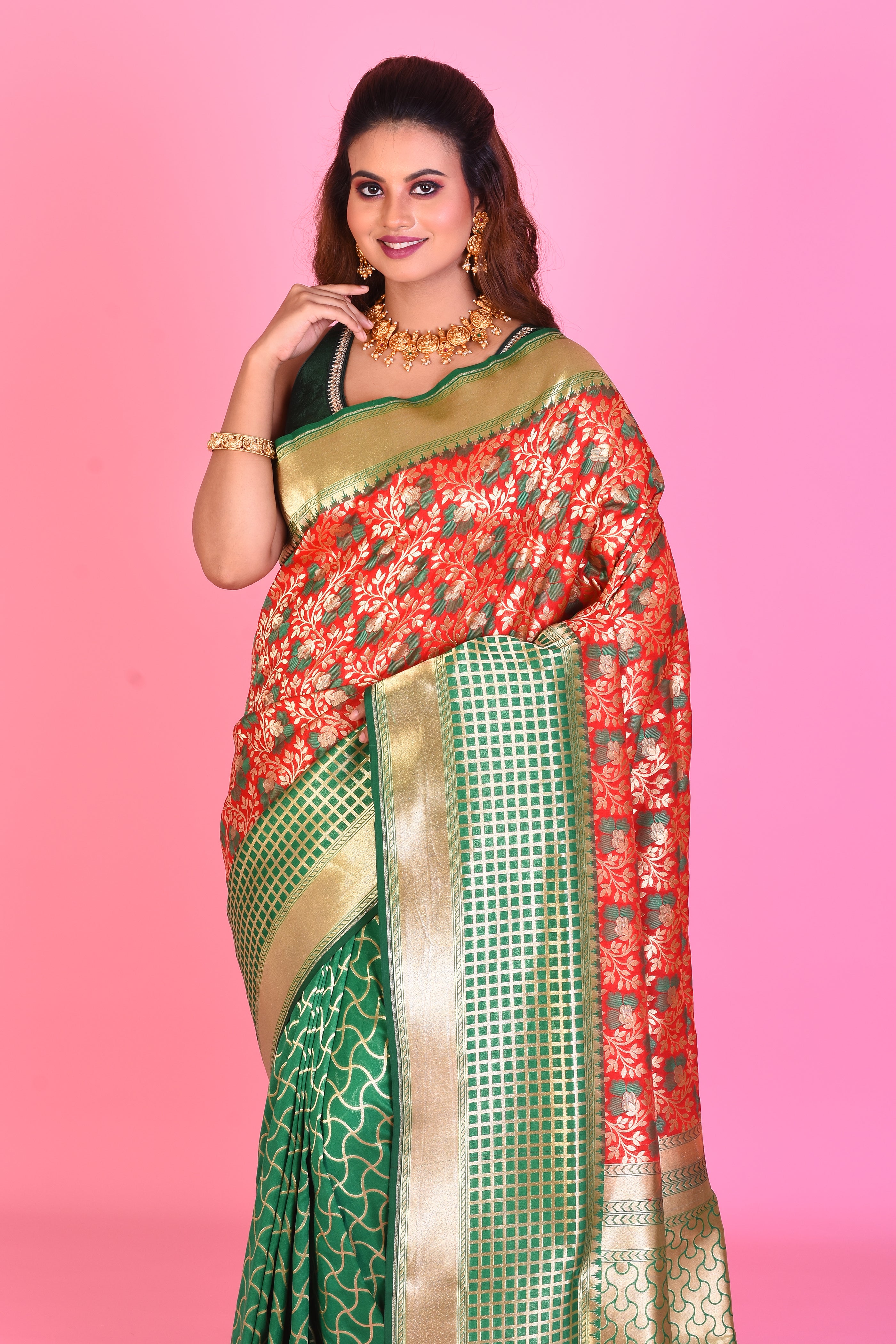 Red & Green Half & Half Blended Katan Silk Saree - Keya Seth Exclusive