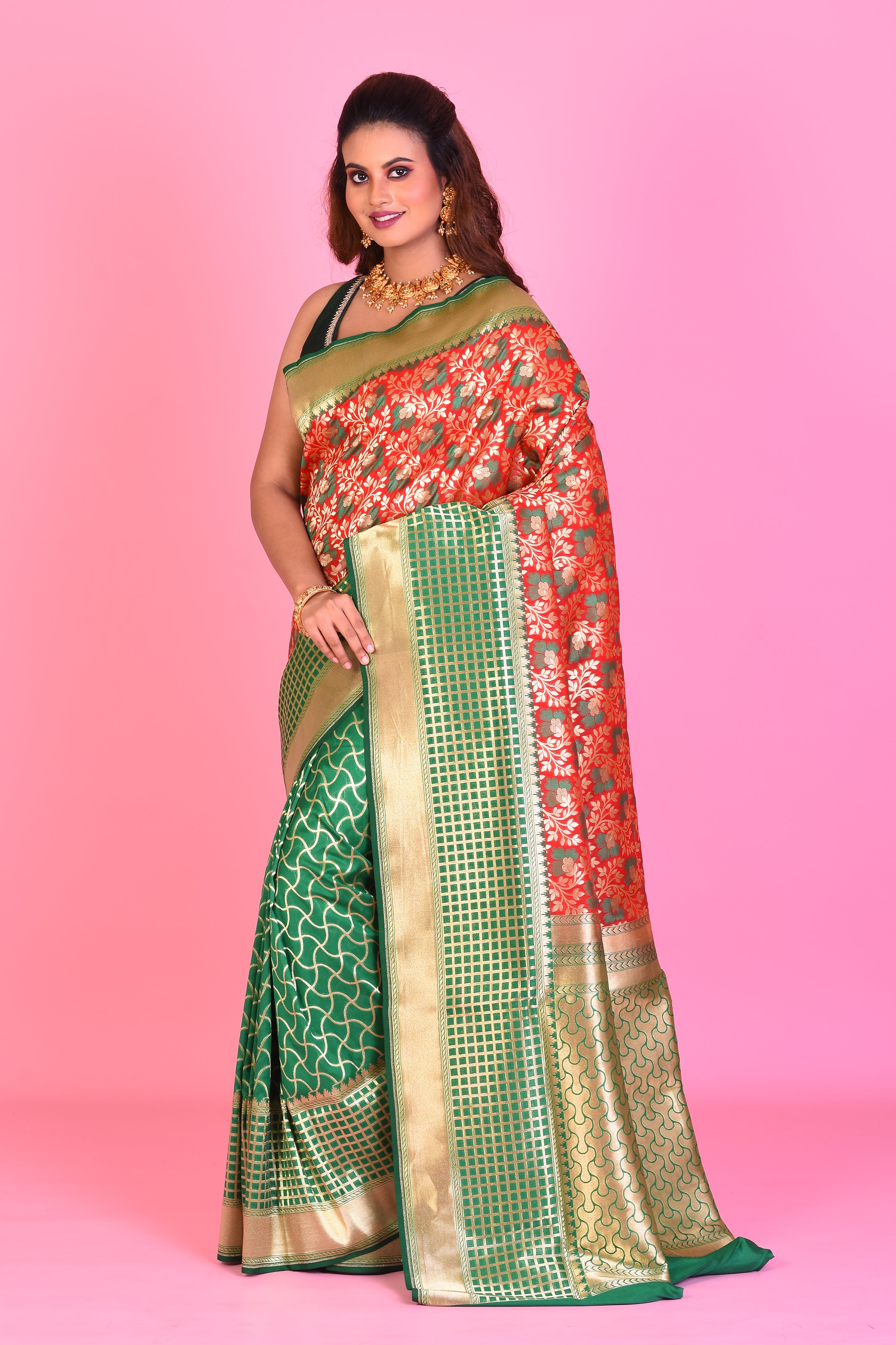 Red & Green Half & Half Blended Katan Silk Saree - Keya Seth Exclusive