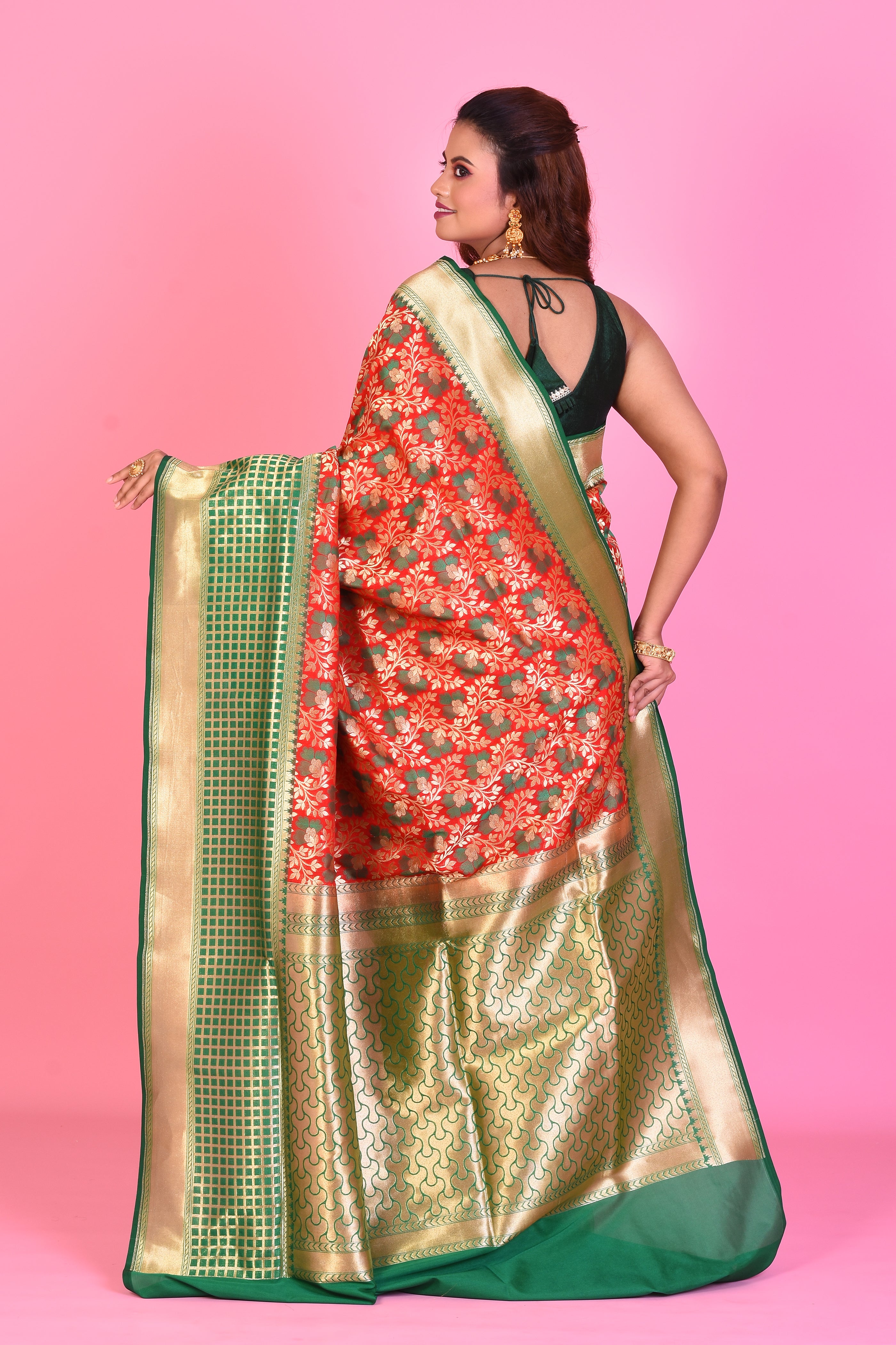 Red & Green Half & Half Blended Katan Silk Saree - Keya Seth Exclusive