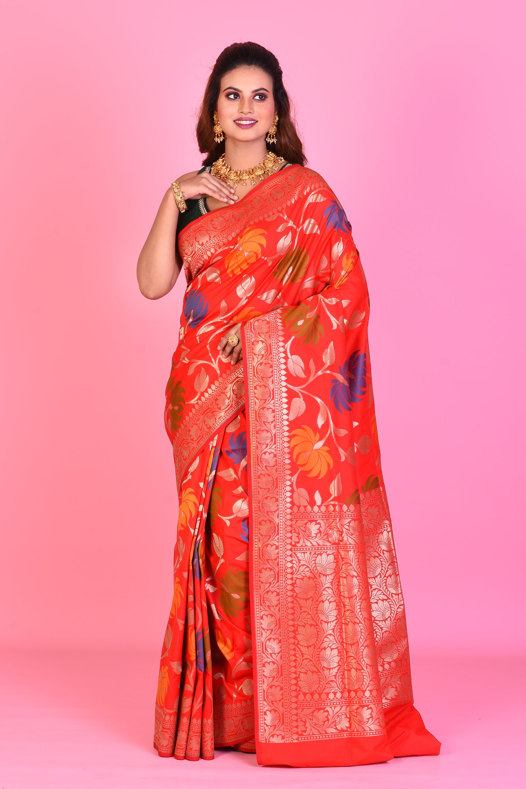 Red Blended Katan Silk Saree with Meenakari Works - Keya Seth Exclusive