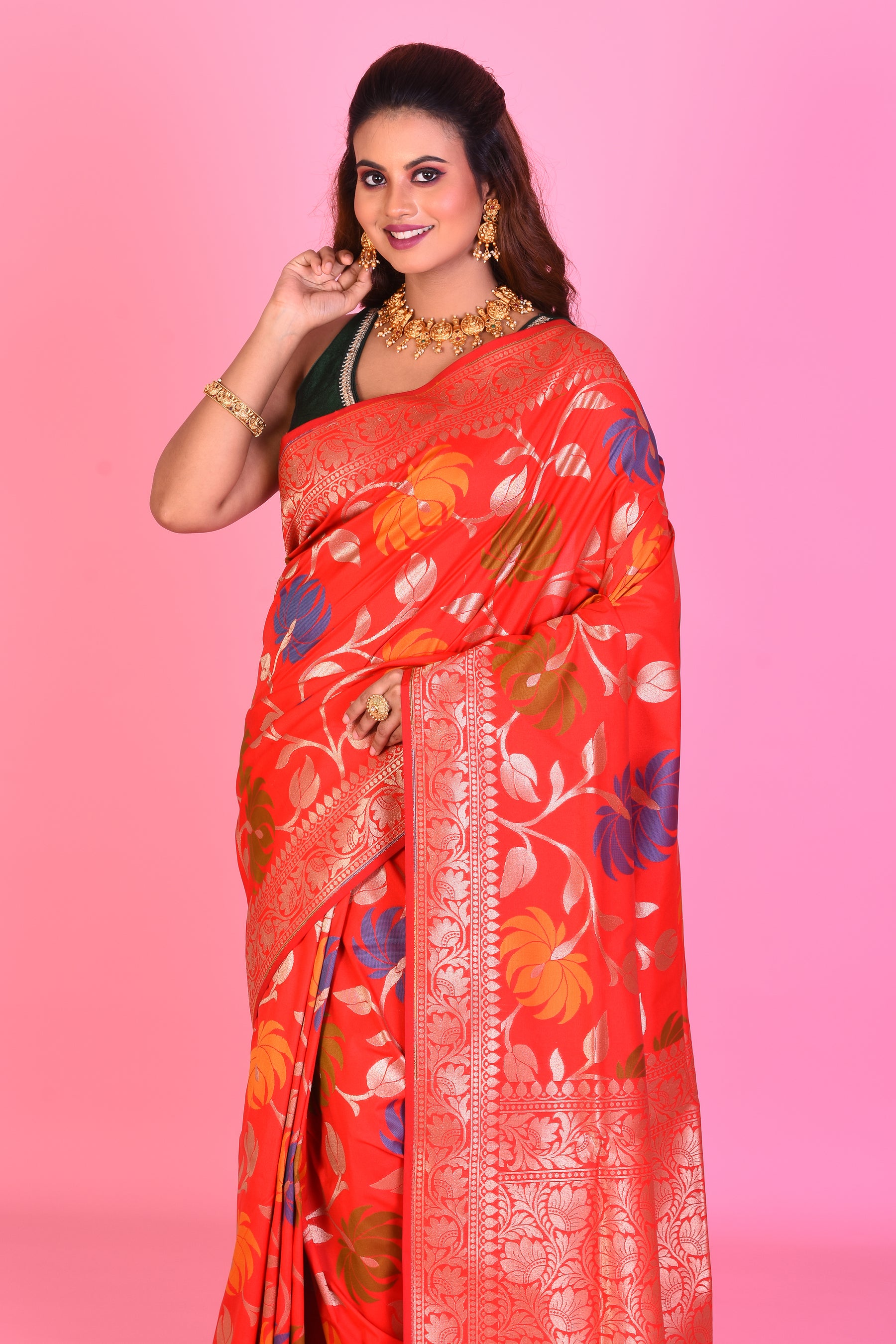 Red Blended Katan Silk Saree with Meenakari Works - Keya Seth Exclusive