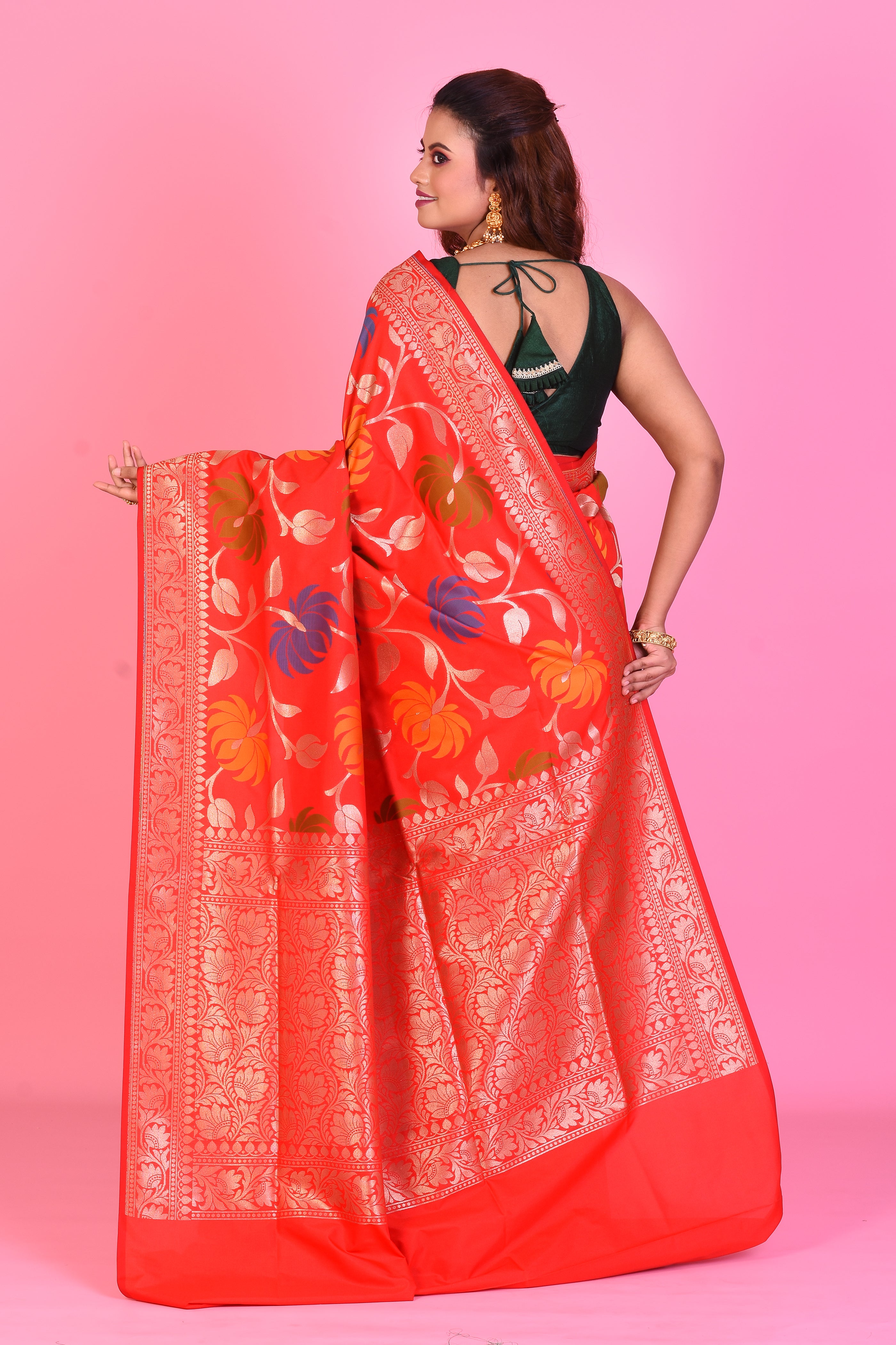 Red Blended Katan Silk Saree with Meenakari Works - Keya Seth Exclusive