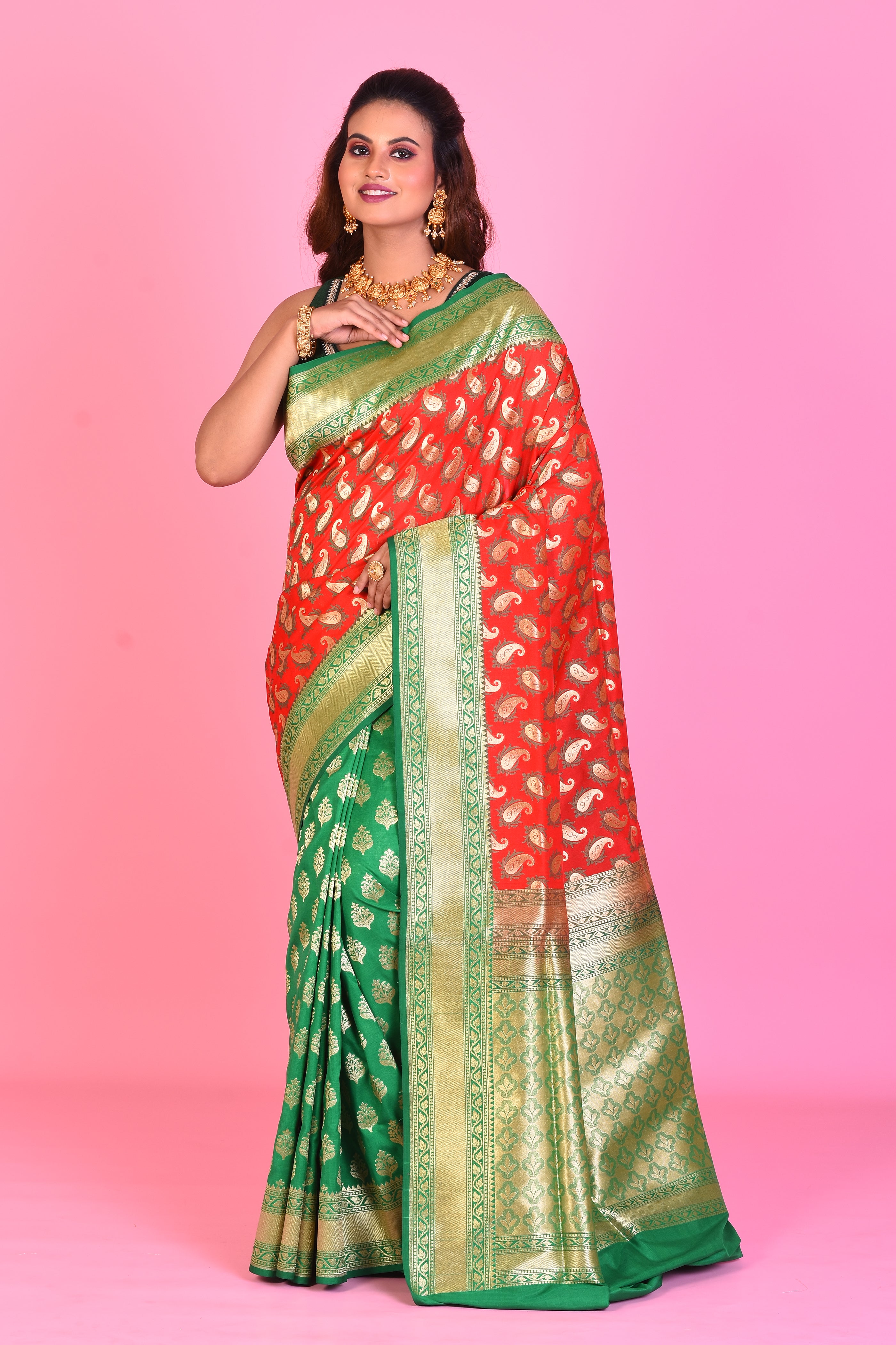 Red & Green Half & Half Blended Katan Silk Saree - Keya Seth Exclusive