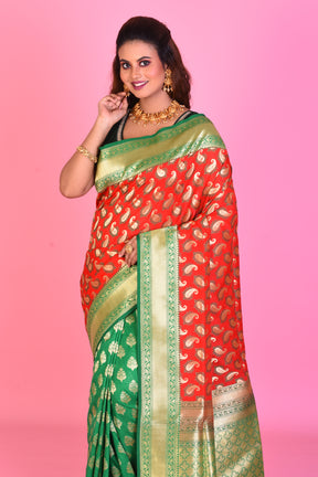 Red & Green Half & Half Blended Katan Silk Saree - Keya Seth Exclusive