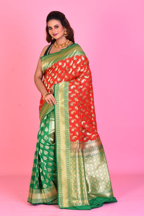 Red & Green Half & Half Blended Katan Silk Saree - Keya Seth Exclusive