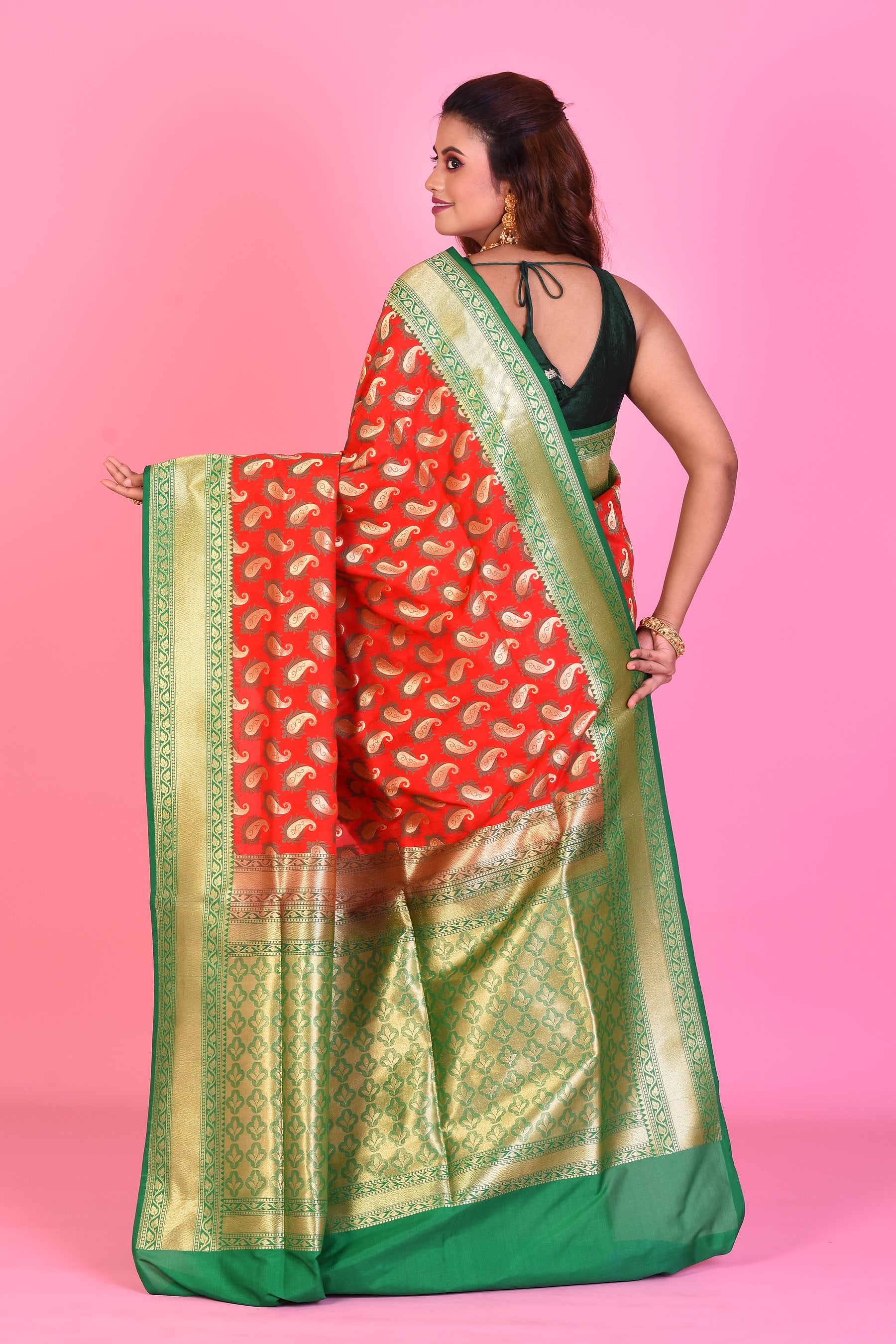 Red & Green Half & Half Blended Katan Silk Saree - Keya Seth Exclusive