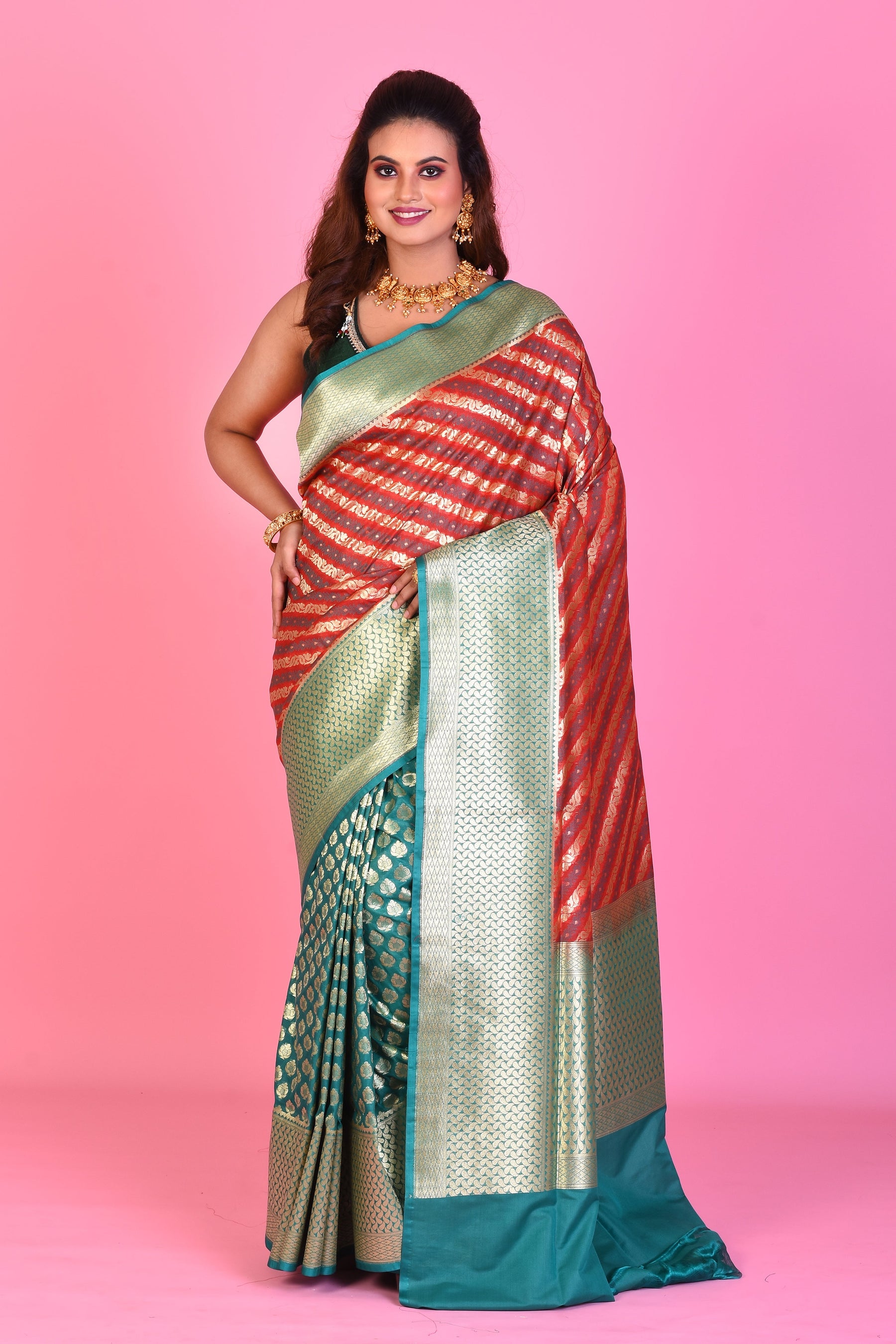 Red Half & Half Blended Silk Saree - Keya Seth Exclusive