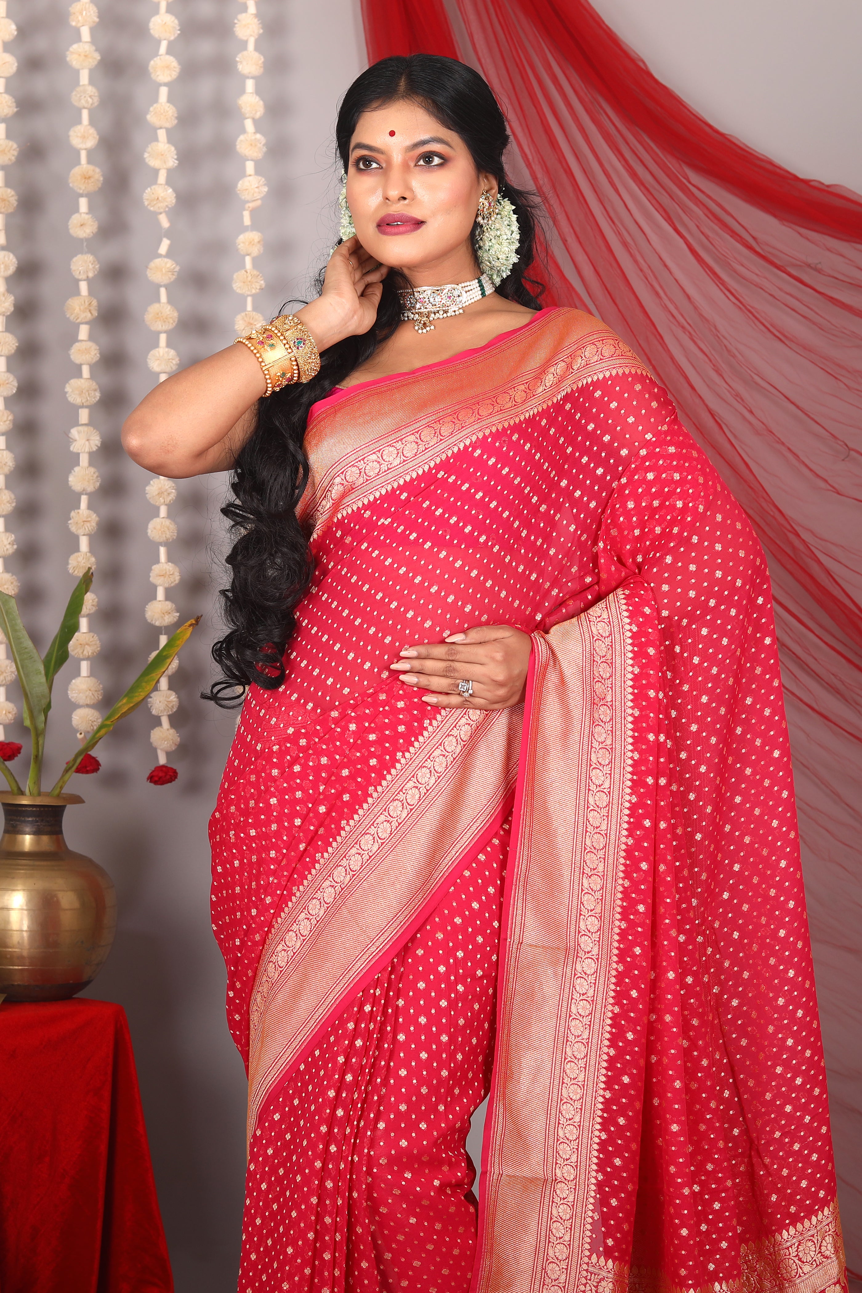 Red Pure Khaddi Saree - Keya Seth Exclusive