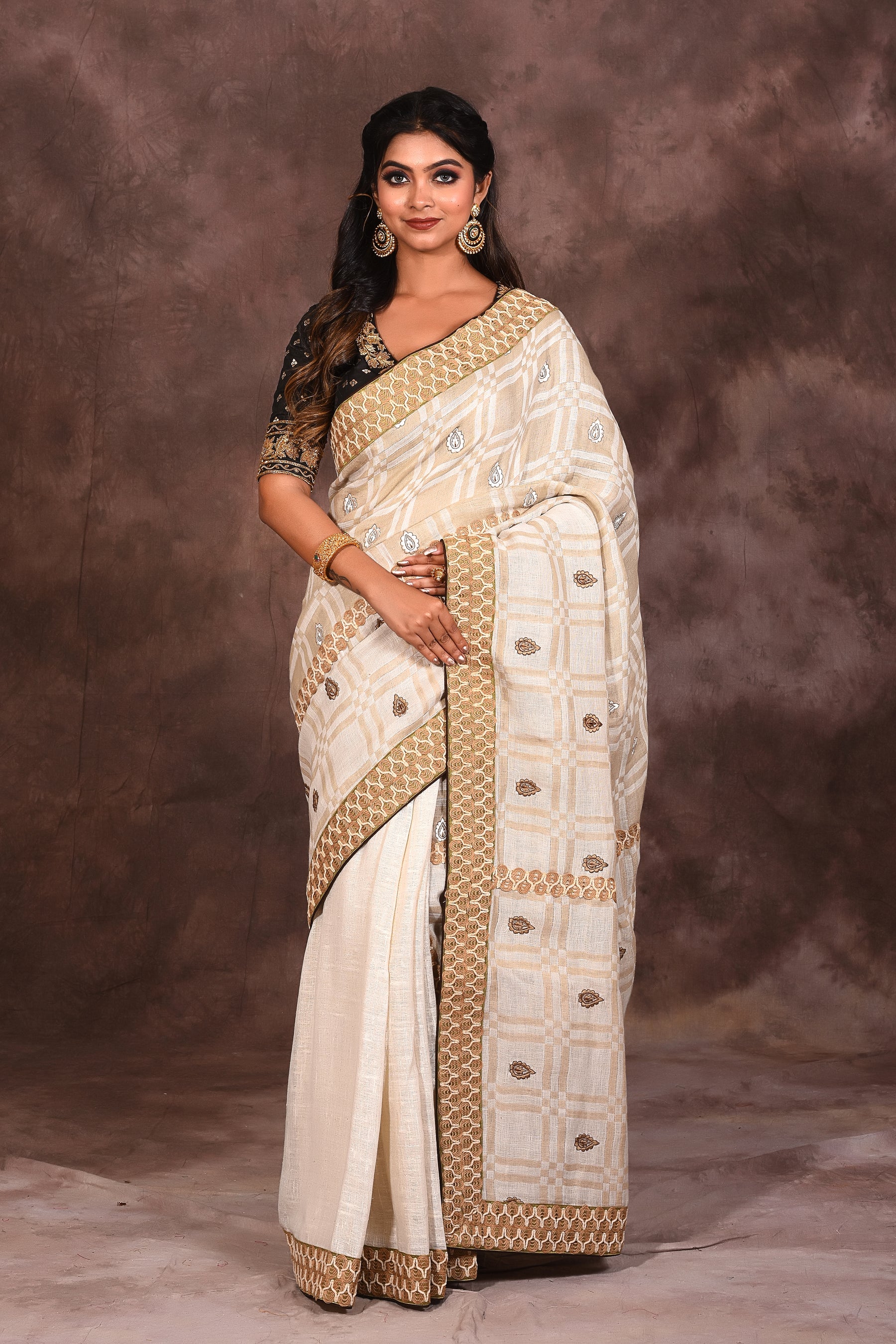 White Brown Silk Saree - Keya Seth Exclusive