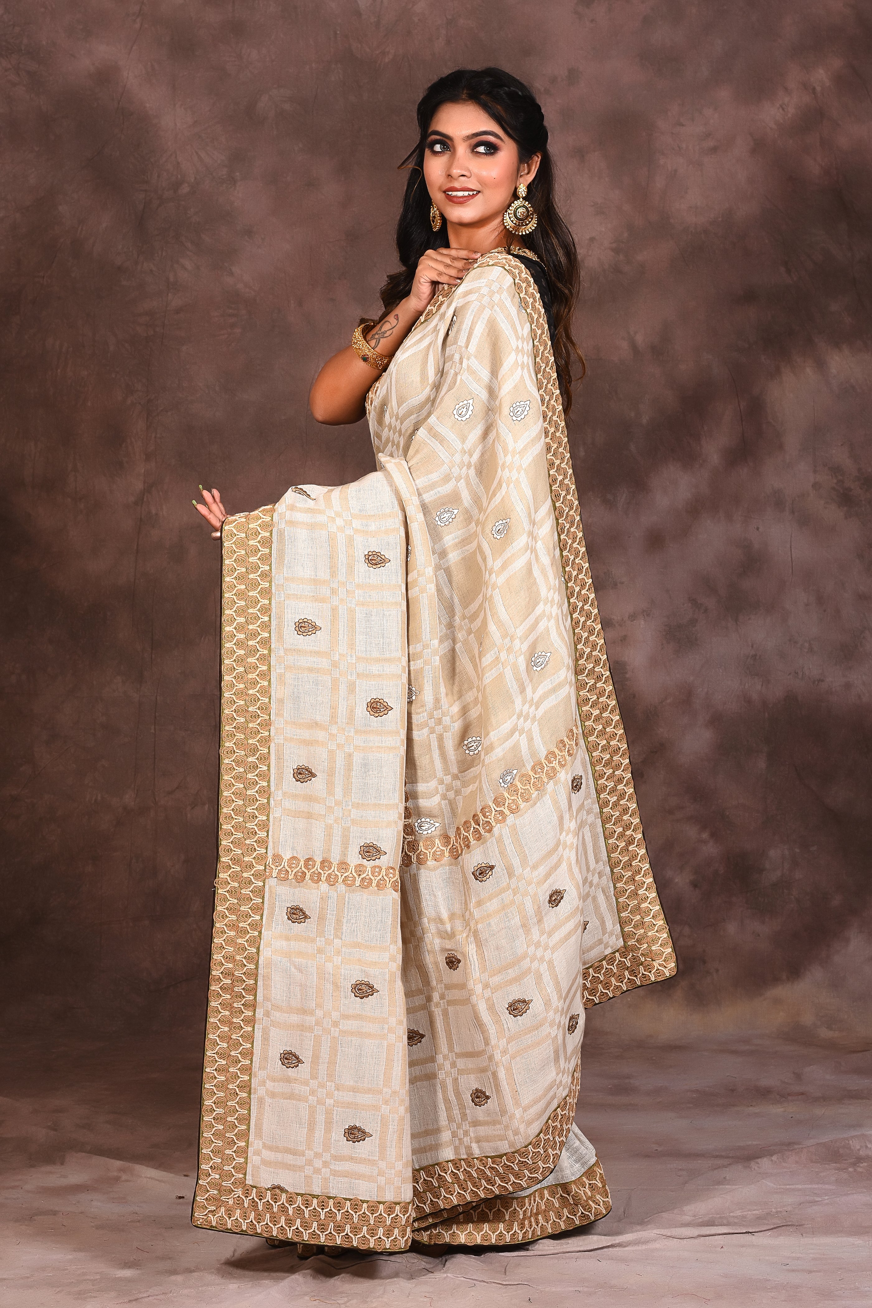 White Brown Silk Saree - Keya Seth Exclusive