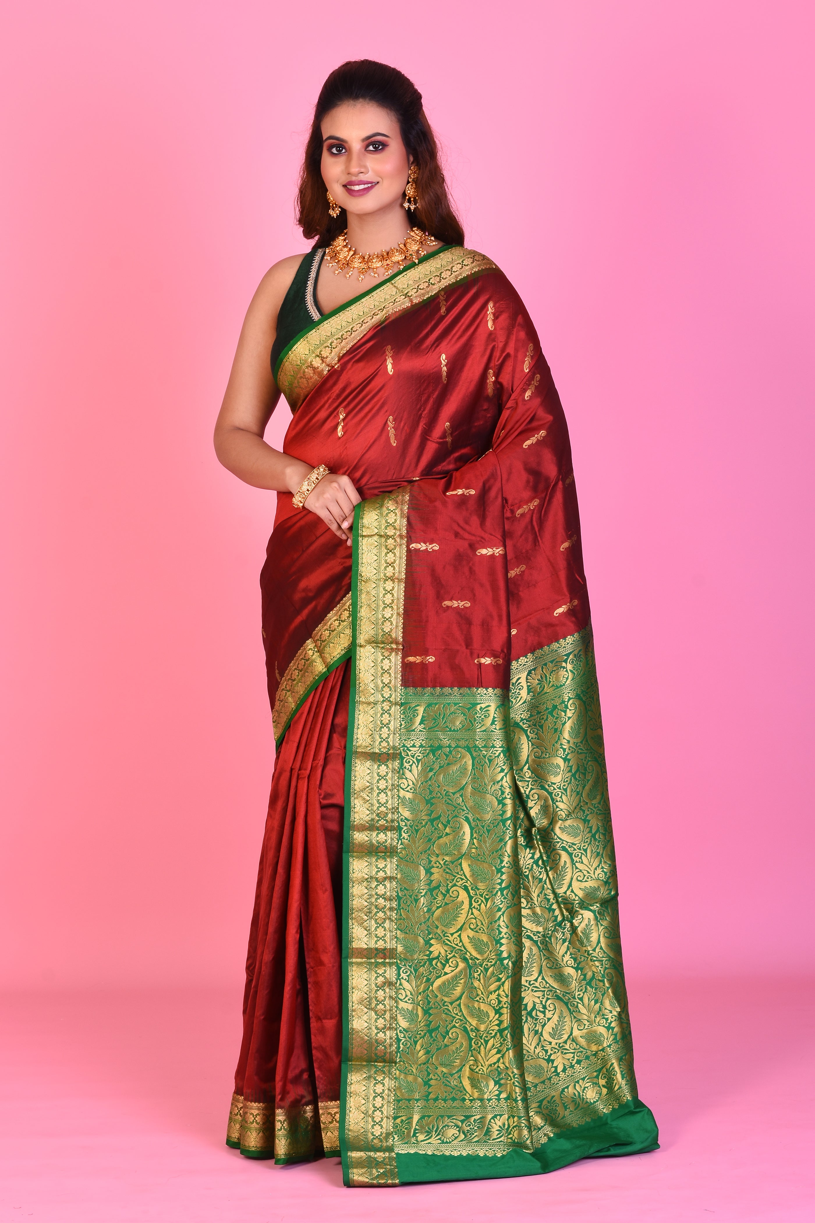 Maroon Blended Kanjivaram Saree with Green Borders - Keya Seth Exclusive