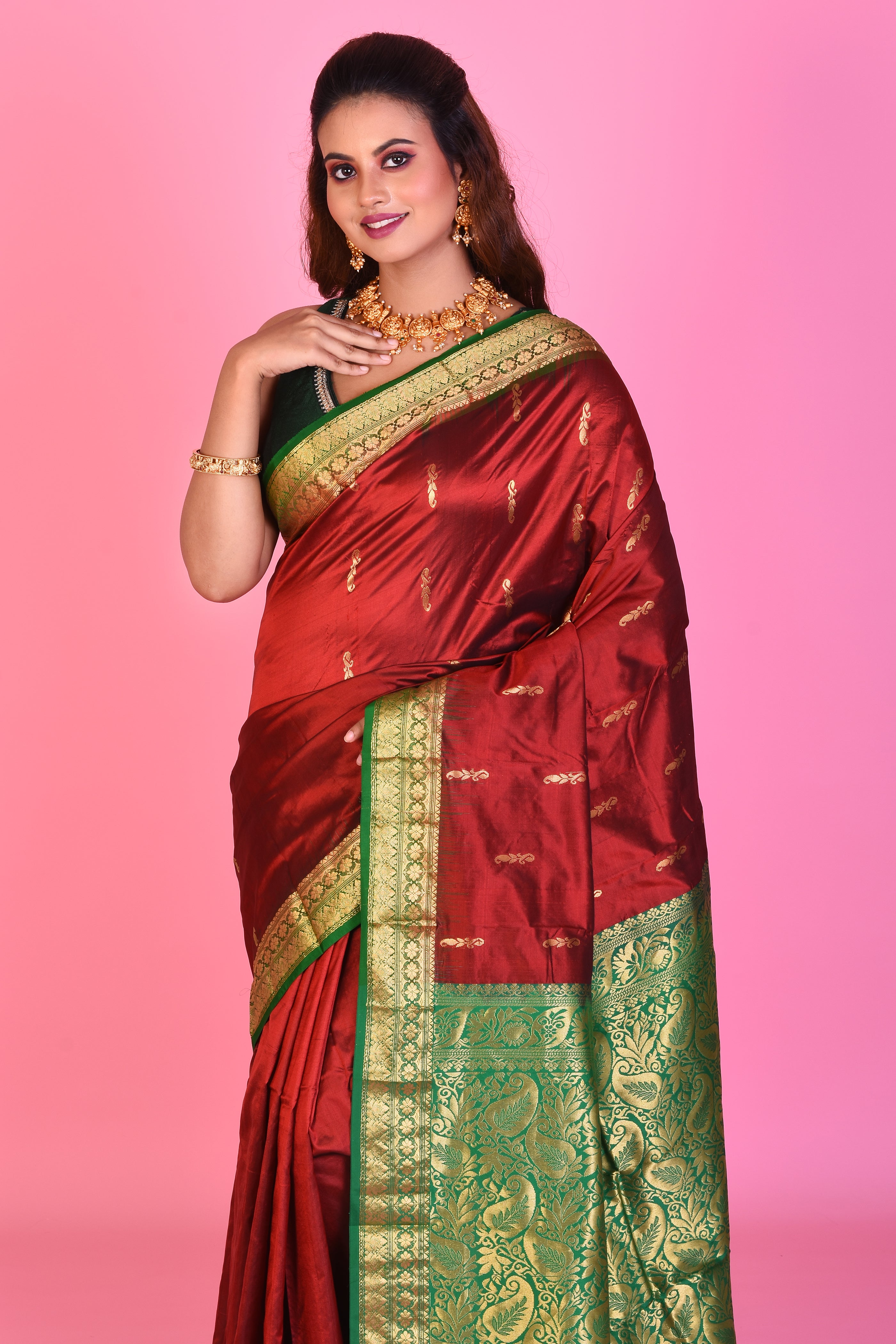 Maroon Blended Kanjivaram Saree with Green Borders - Keya Seth Exclusive