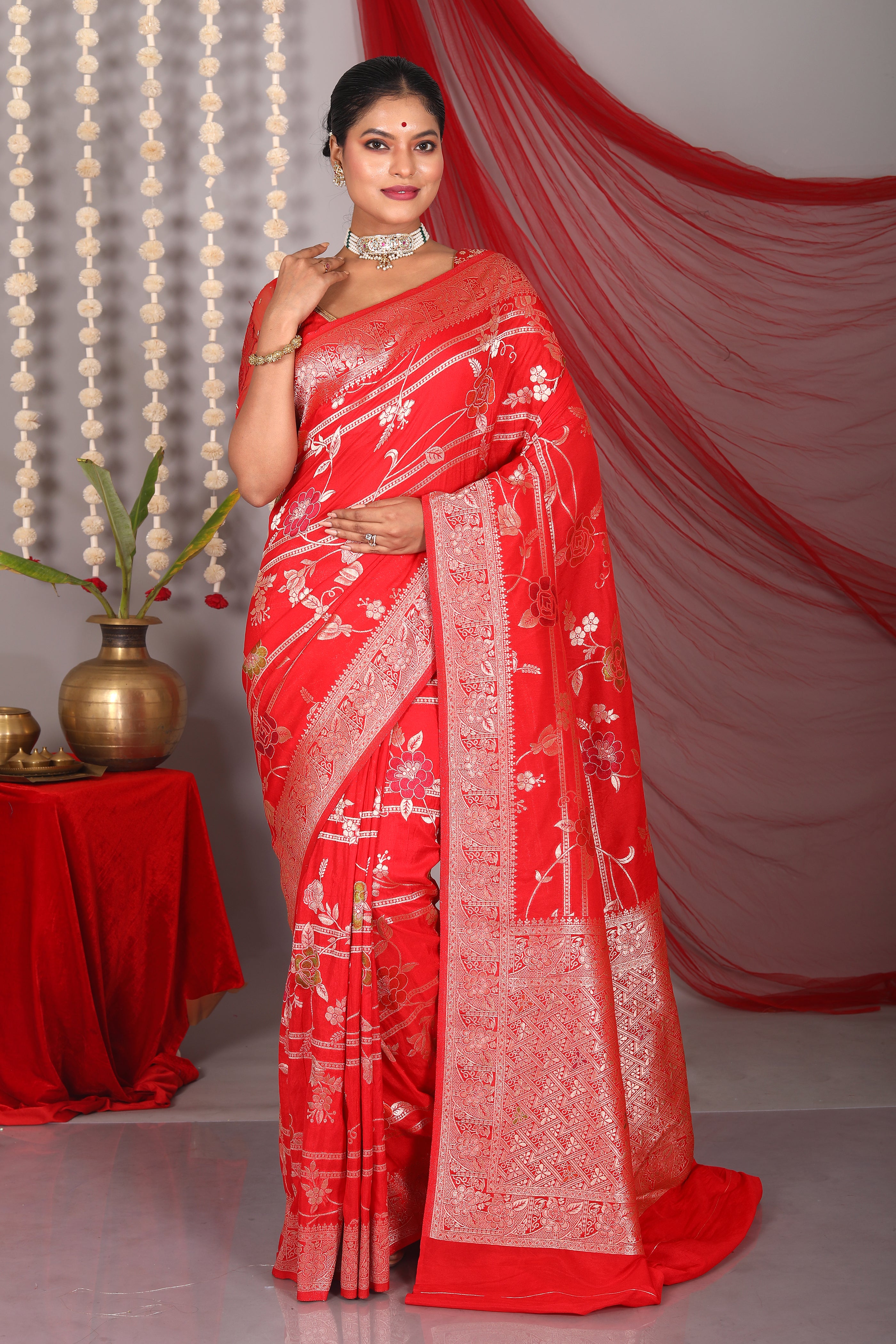 Red Blended Khaddi Saree - Keya Seth Exclusive