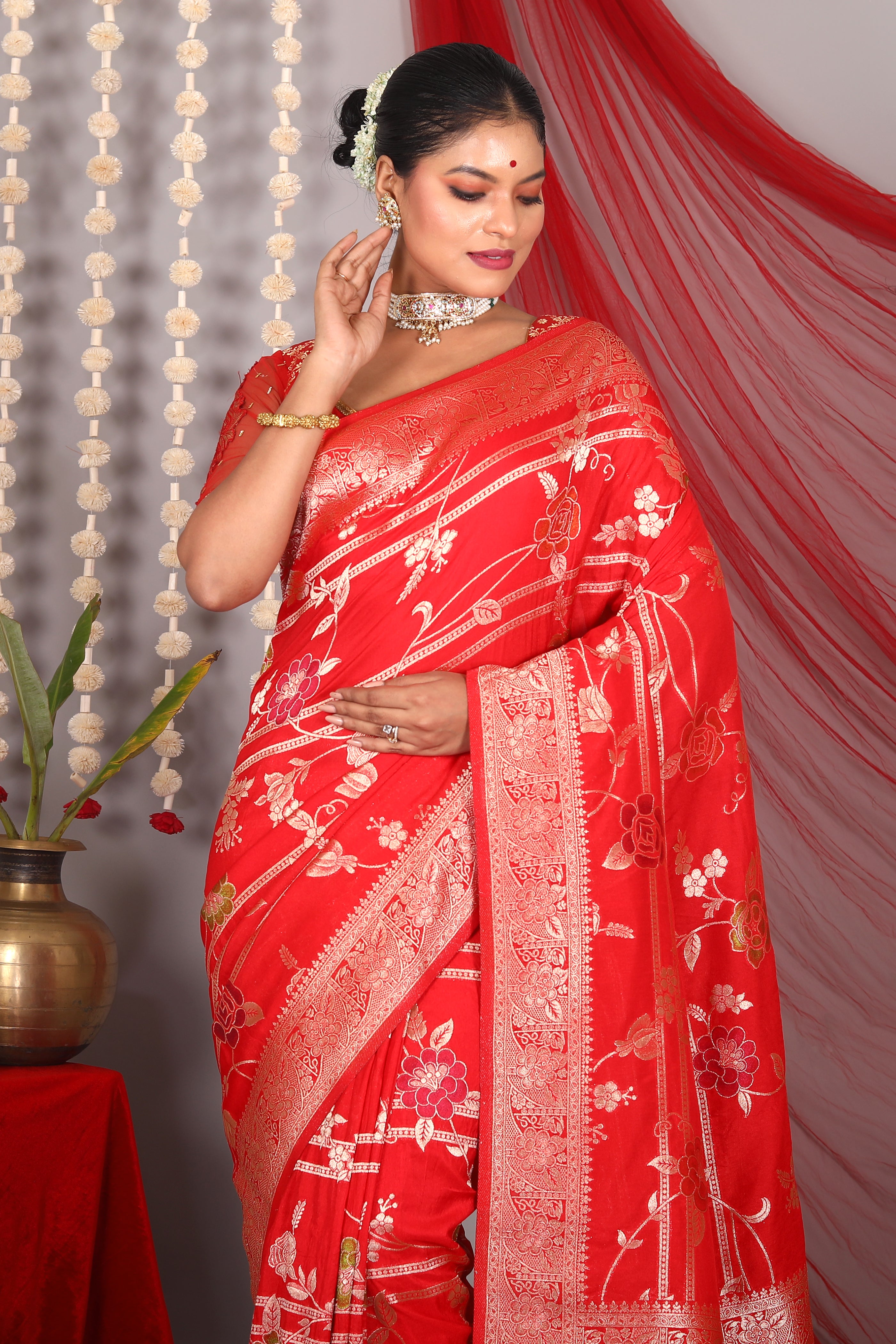 Red Blended Khaddi Saree - Keya Seth Exclusive