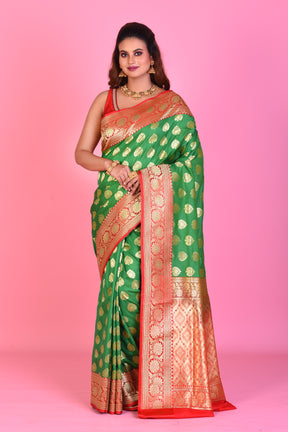 Green Blended Katan Silk Saree with Red Borders - Keya Seth Exclusive