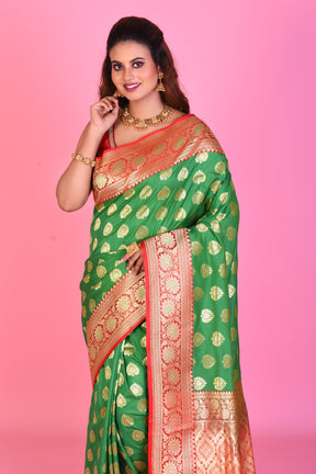 Green Blended Katan Silk Saree with Red Borders - Keya Seth Exclusive