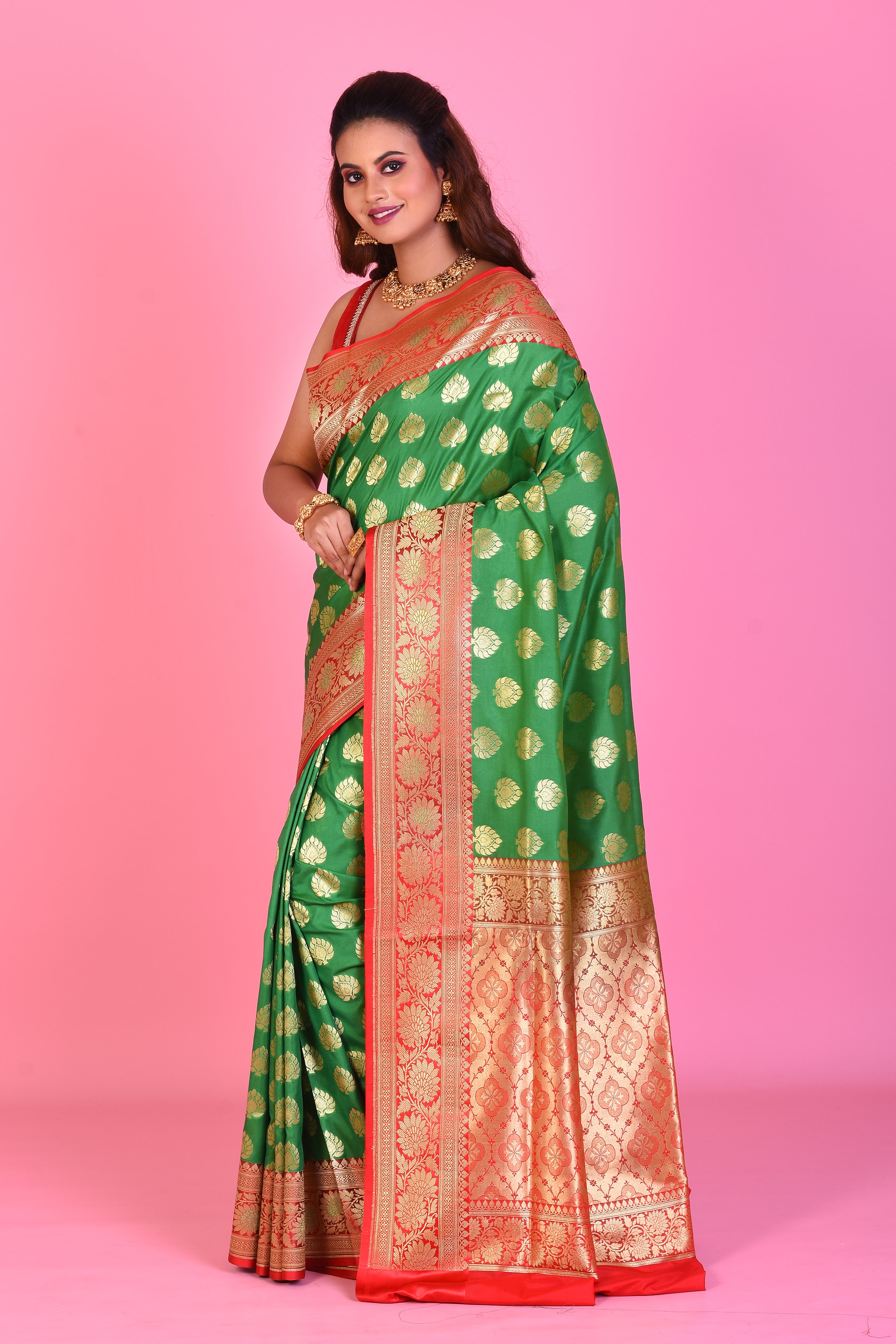 Green Blended Katan Silk Saree with Red Borders - Keya Seth Exclusive